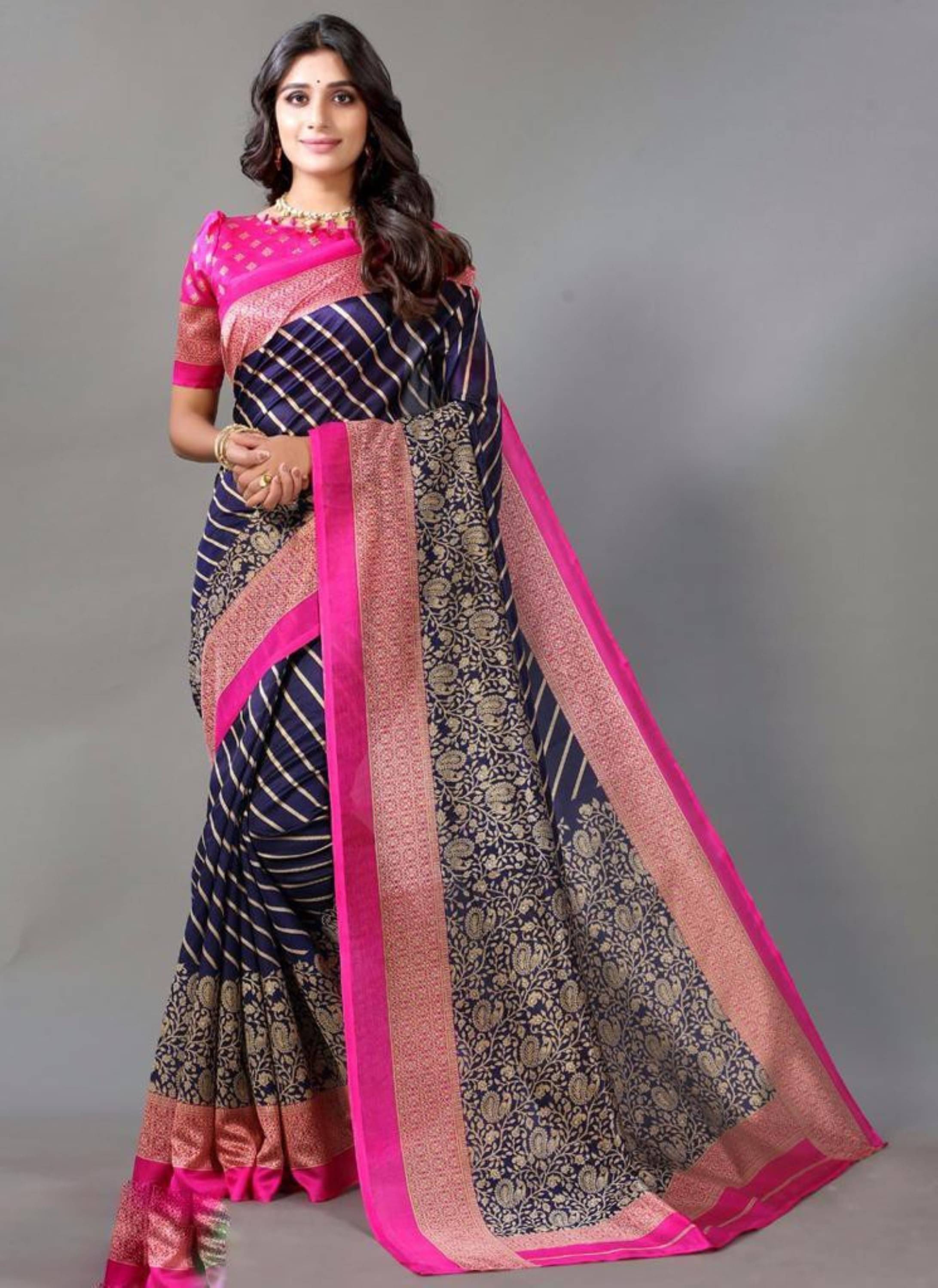     			Nandini Creation Art Silk Printed Saree With Unstitched Blouse Piece ( Blue )