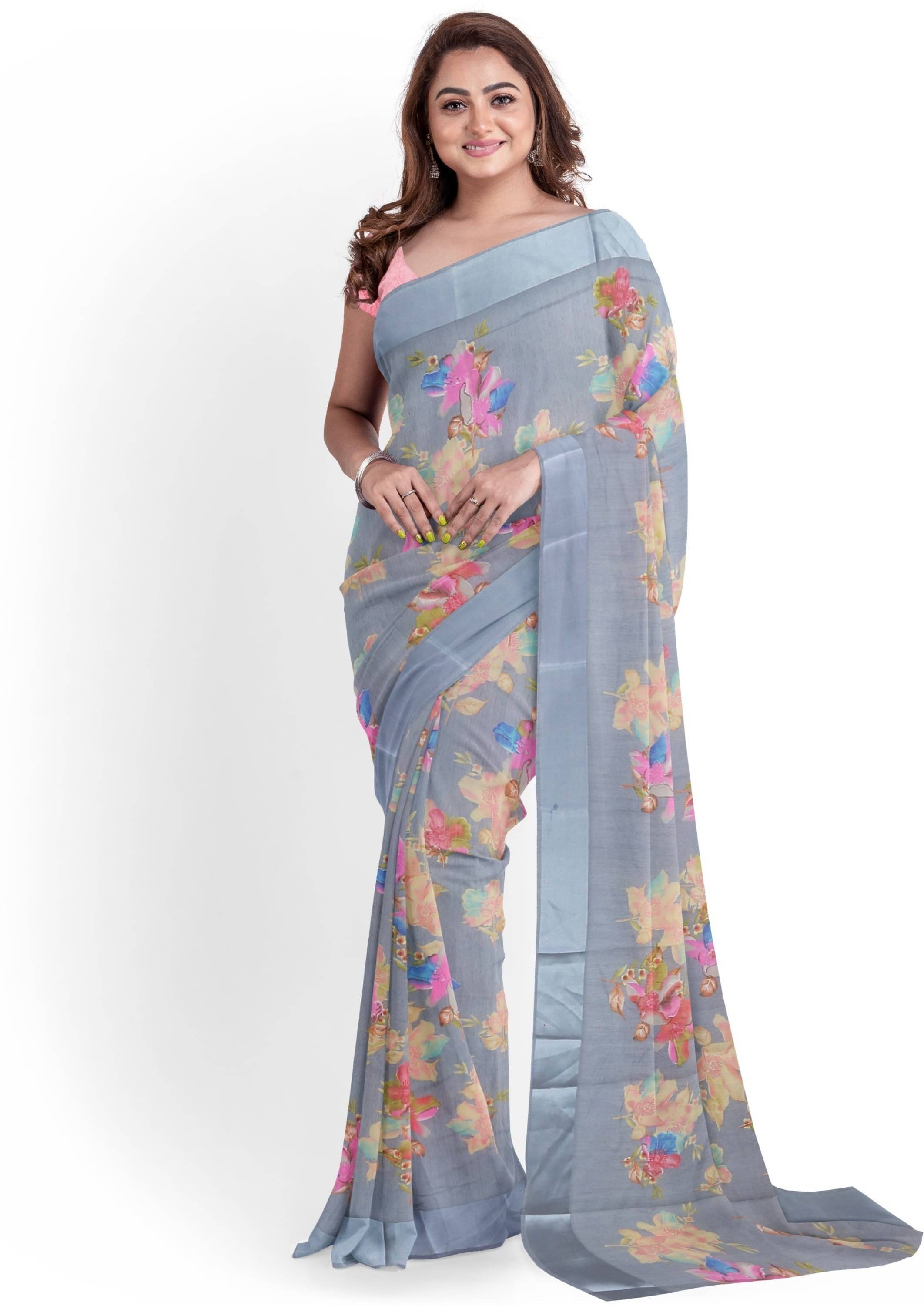 Nandini Creation Cotton Blend Printed Saree With Unstitched Blouse Piece ( Grey ) Nandini Creation Cotton Blend Printed Saree With Unstitched Blouse Piece ( Grey )