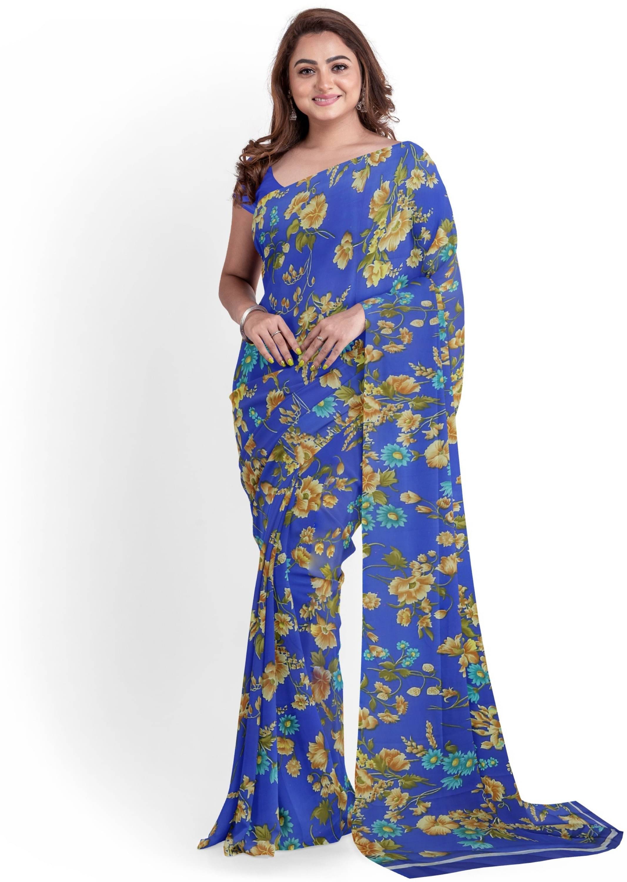     			Nandini Creation Georgette Printed Saree With Unstitched Blouse Piece ( Blue )