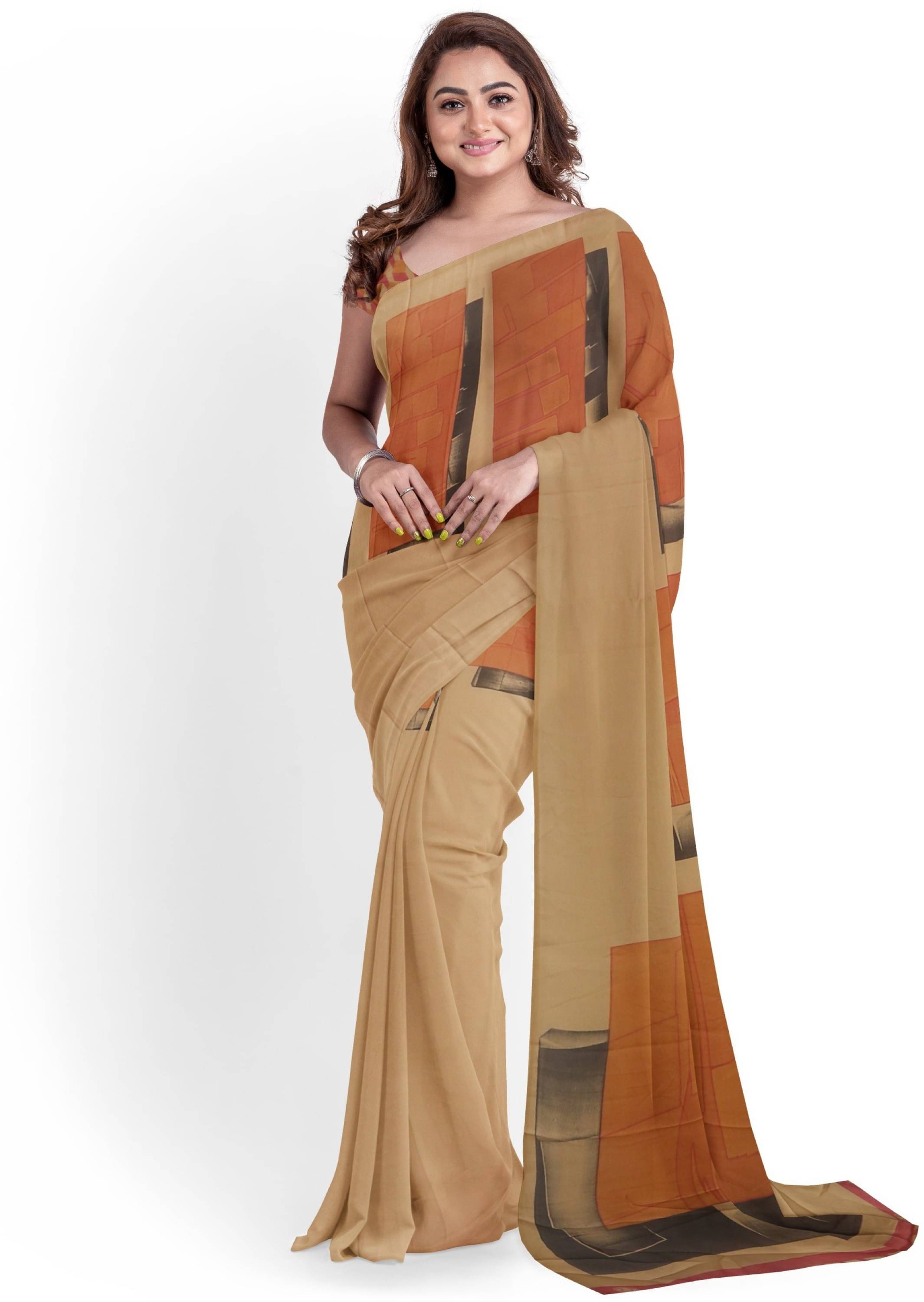 Nandini Creation Georgette Printed Saree With Unstitched Blouse Piece ( Brown ) Nandini Creation Georgette Printed Saree With Unstitched Blouse Piece ( Brown )