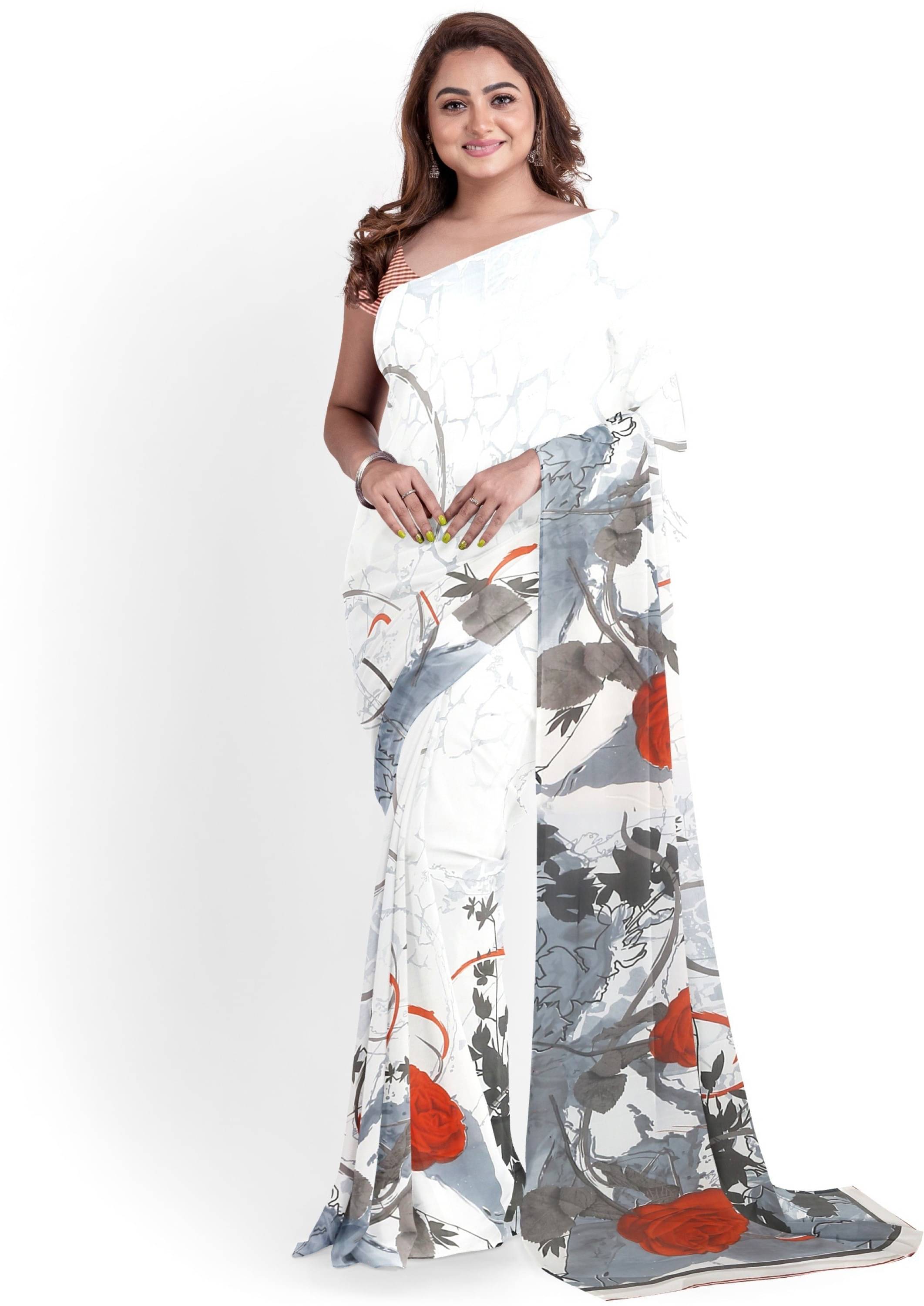     			Nandini Creation Georgette Printed Saree With Unstitched Blouse Piece ( White )