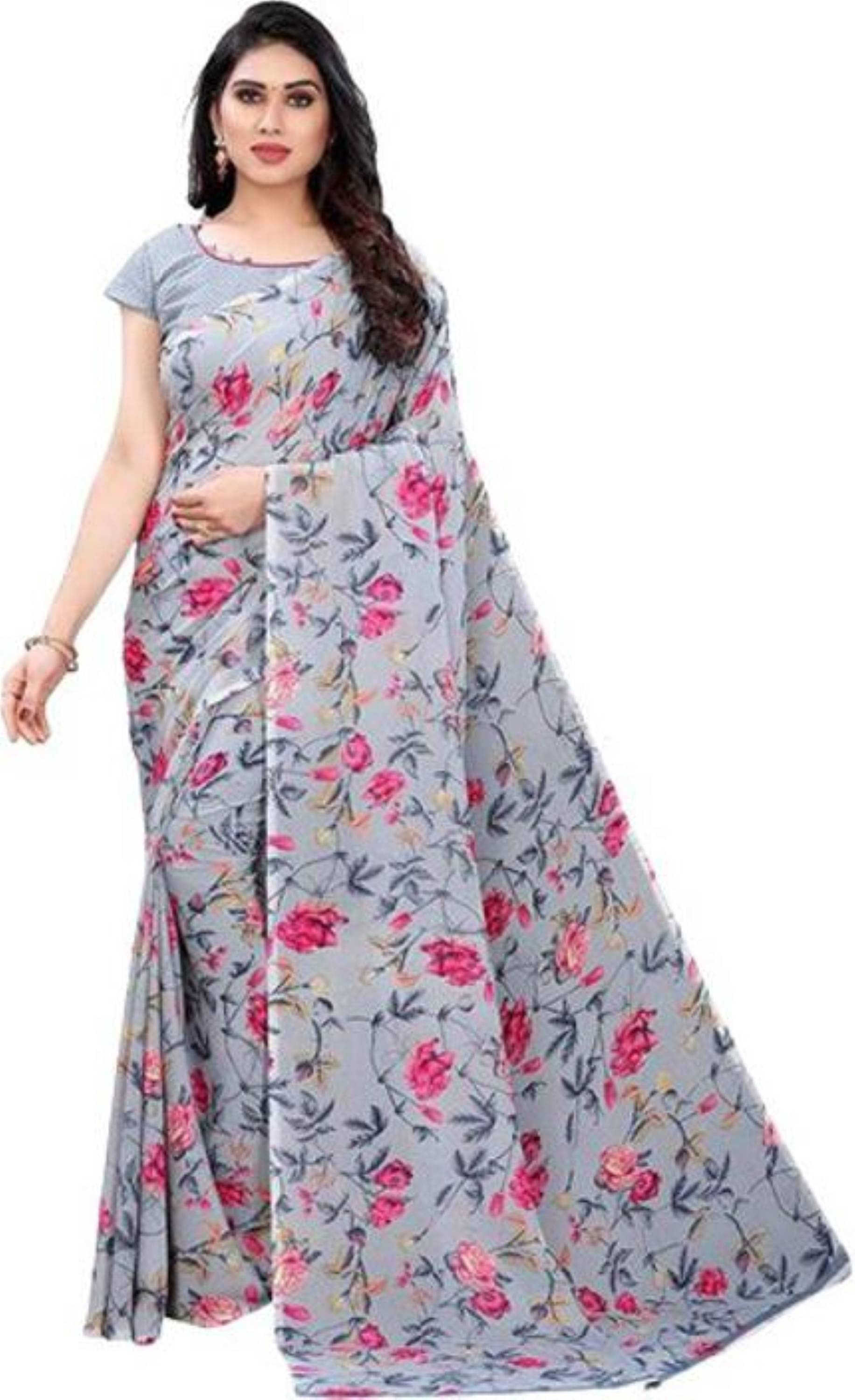 Nandini Creation Georgette Solid Saree With Unstitched Blouse Piece ( Grey ) Nandini Creation Georgette Solid Saree With Unstitched Blouse Piece ( Grey )