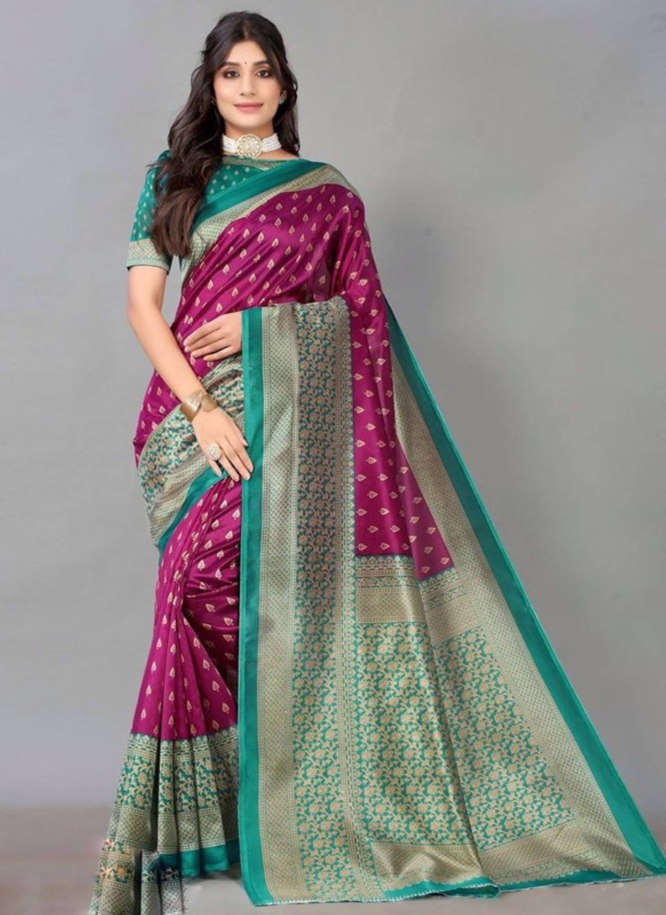     			Nandini Creation Silk Blend Printed Saree With Unstitched Blouse Piece ( Multicolor )