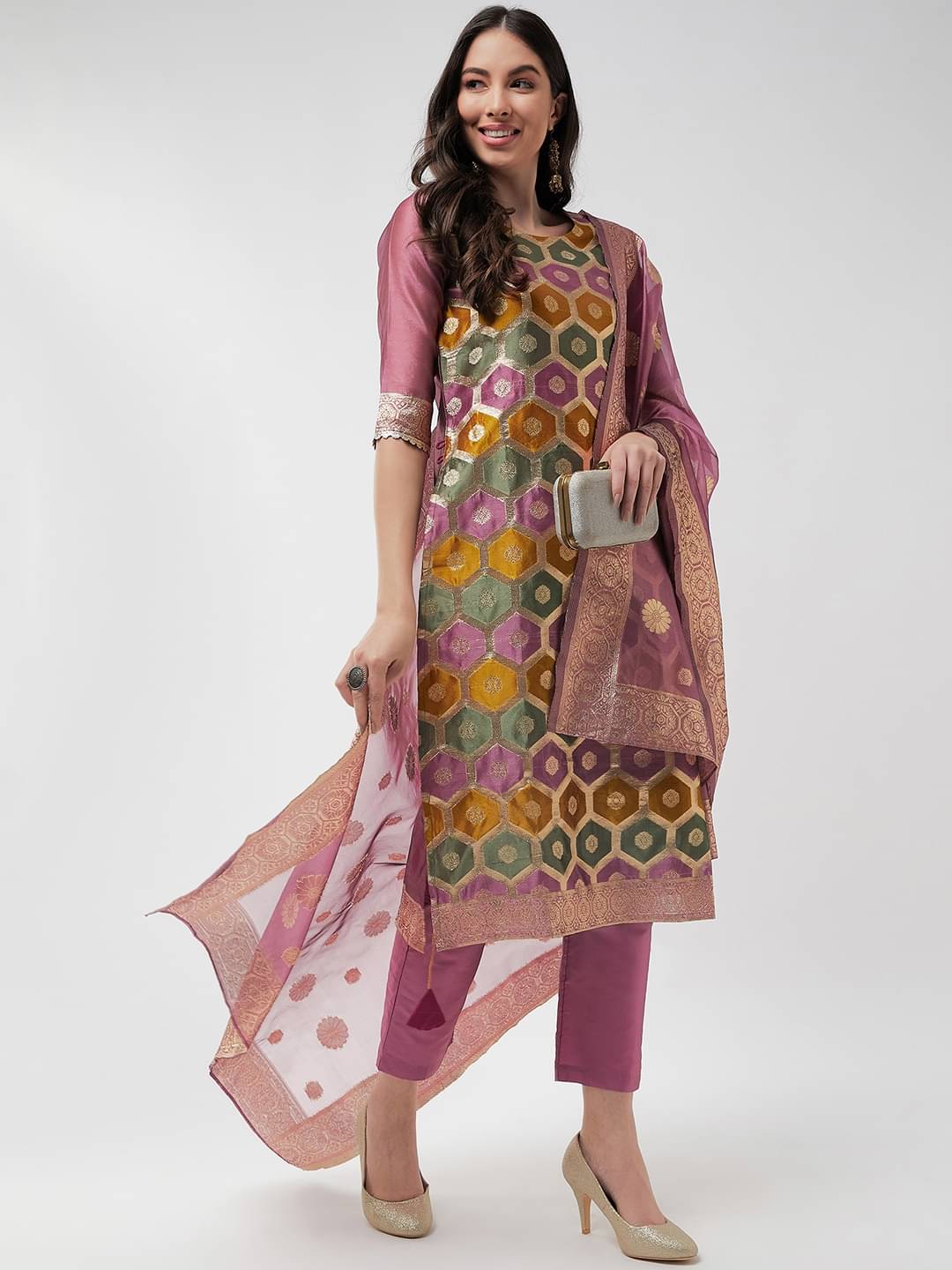     			Pannkh Silk Printed Kurti With Pants Women's Stitched Salwar Suit - Pink ( Pack of 1 )