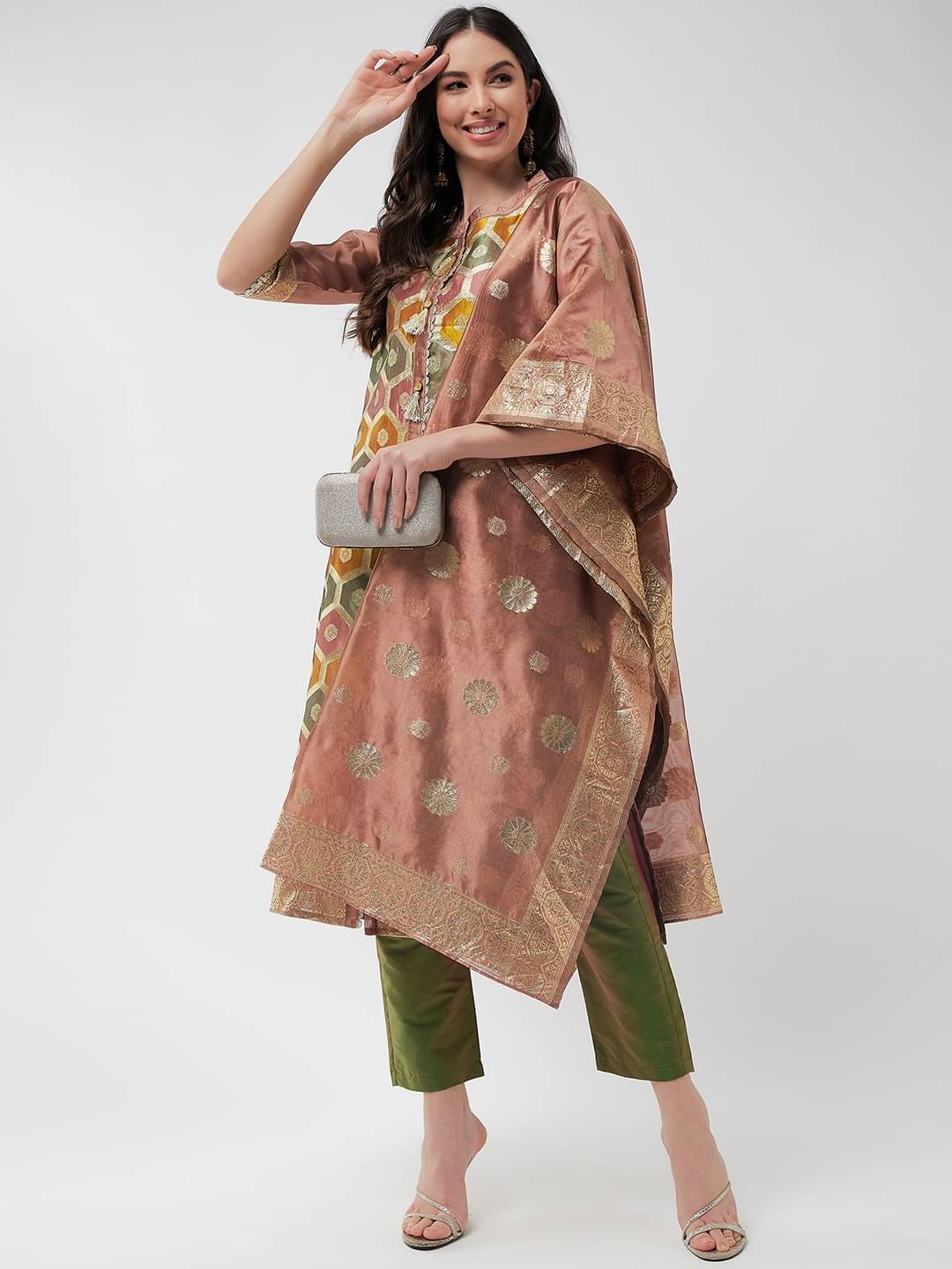Pannkh Silk Printed Kurti With Pants Women's Stitched Salwar Suit - Brown ( Pack of 1 ) Pannkh Silk Printed Kurti With Pants Women's Stitched Salwar Suit - Brown ( Pack of 1 )