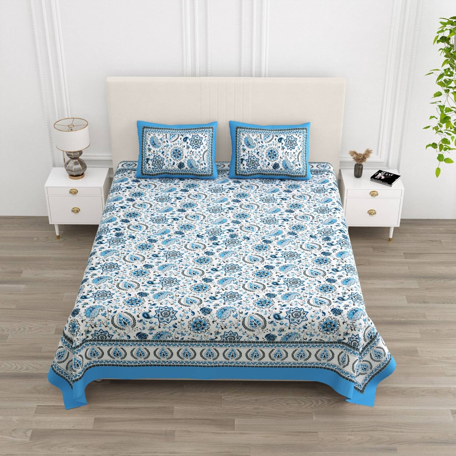     			Shubastik Cotton 1 Double Queen Bedsheet with 2 Pillow Covers ( Blue )