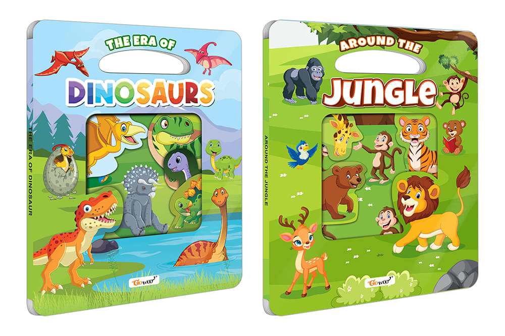 The Era of Dinosaur and Around the Jungle Window Cut Board Book : Kids Learning Picture Book, Die Cut Early Learning Book, Board Book for Young Learners | Combo of 2 Die Cut Shape Board Books The Era of Dinosaur and Around the Jungle Window Cut Board Book : Kids Learning Picture Book, Die Cut Early Learning Book, Board Book for Young Learners | Combo of 2 Die Cut Shape Board Books