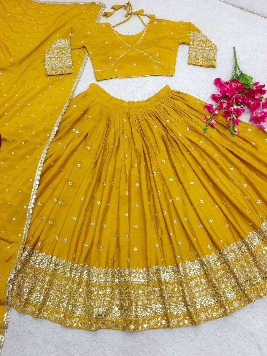     			Trijal Fab Yellow Chiffon Circular Semi Stitched Lehenga Single
