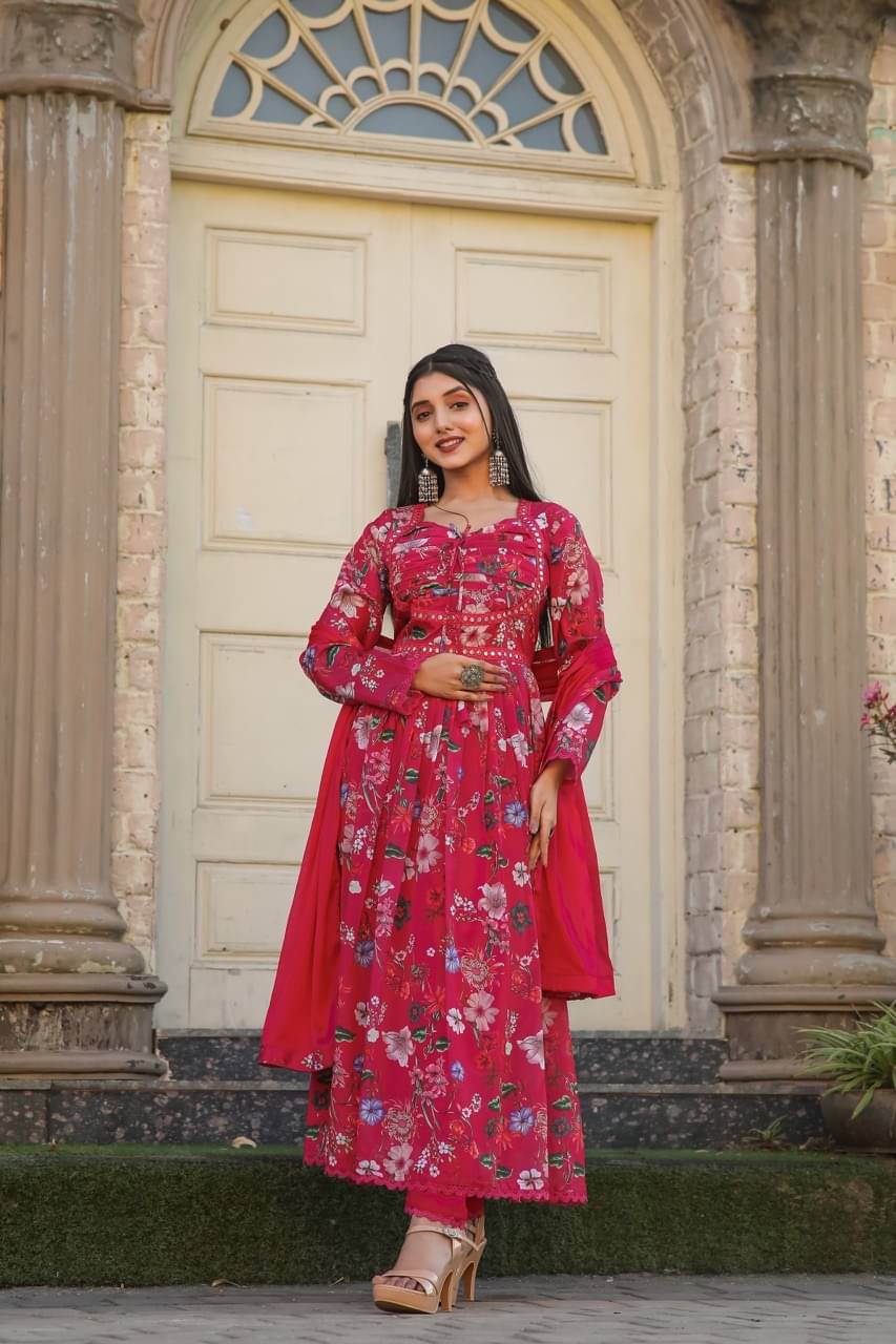     			aplix Chanderi Printed Kurti With Pants Women's Stitched Salwar Suit - Pink ( Pack of 1 )