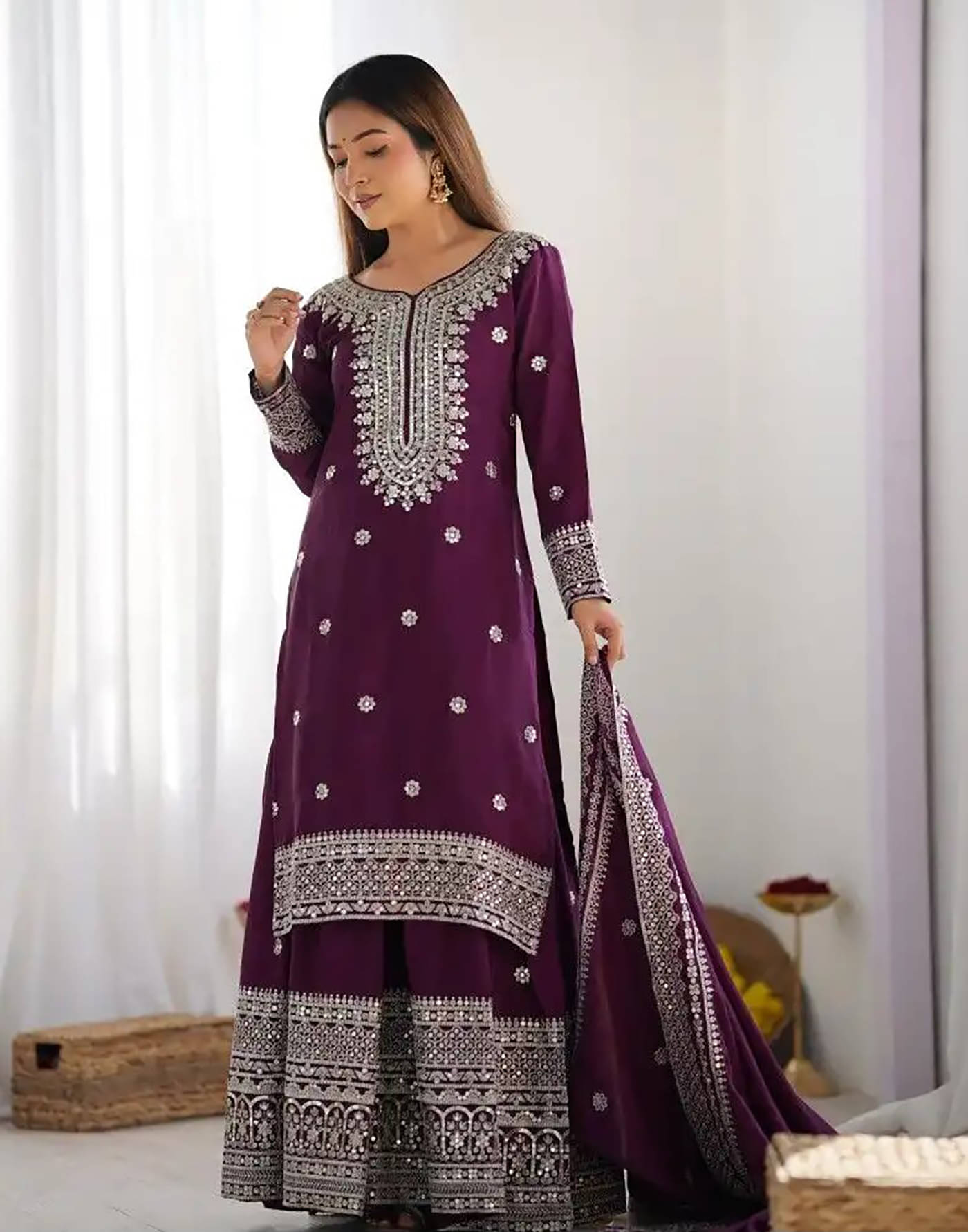 kedar fab Chiffon Embroidered Kurti With Sharara And Gharara Women's Stitched Salwar Suit - Wine ( Pack of 1 ) kedar fab Chiffon Embroidered Kurti With Sharara And Gharara Women's Stitched Salwar Suit - Wine ( Pack of 1 )