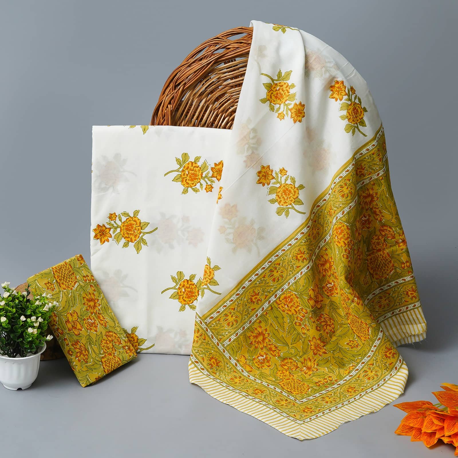kwatchi Unstitched Cotton Printed Dress Material - Yellow,White ( Pack of 1 ) - Unstitched Fabrics | Buy online on ZillyBuy