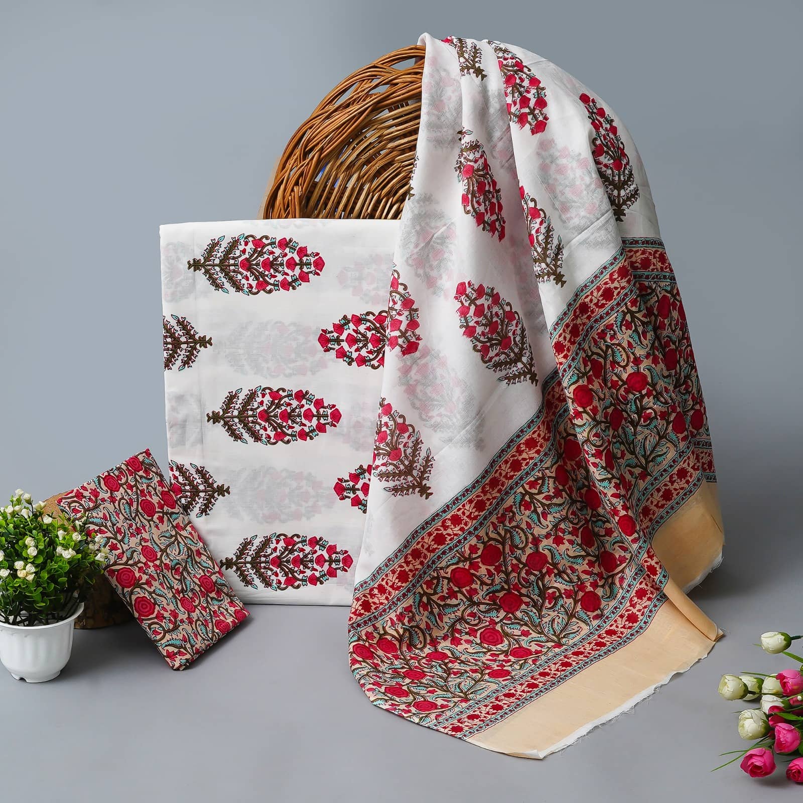 kwatchi Unstitched Cotton Printed Dress Material - White,Red ( Pack of 1 ) - Unstitched Fabrics | Buy online on ZillyBuy