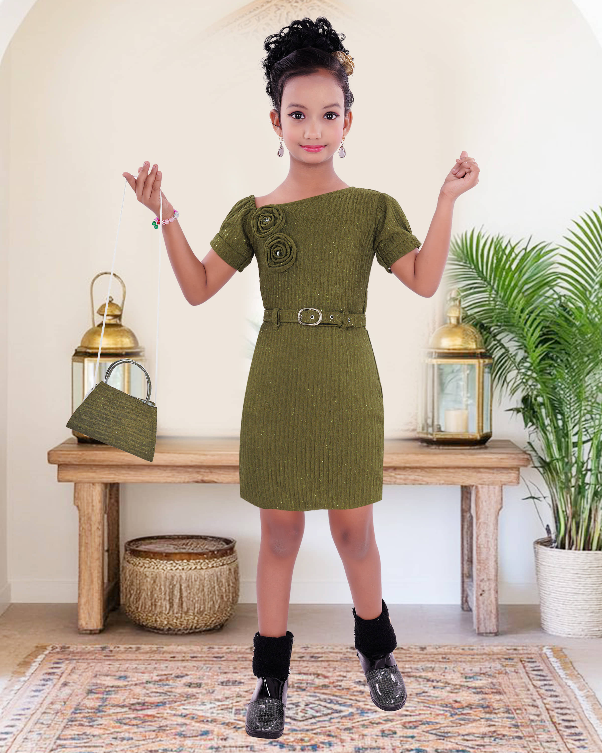 9stiches Cotton Blend Dress For Girls ( Pack of 1 , Green )