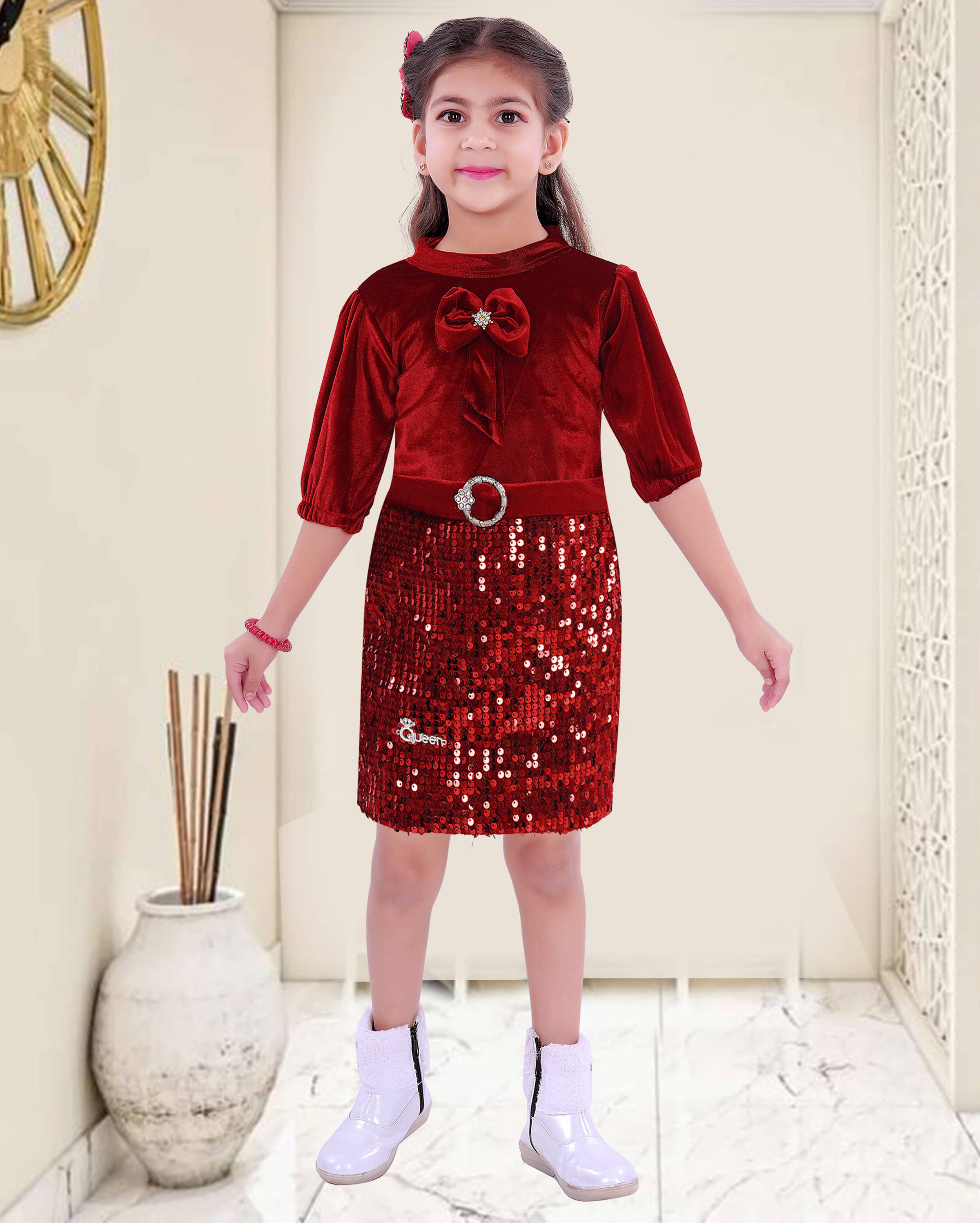     			9stiches Velvet Frock For Girls ( Pack of 1 , Red )