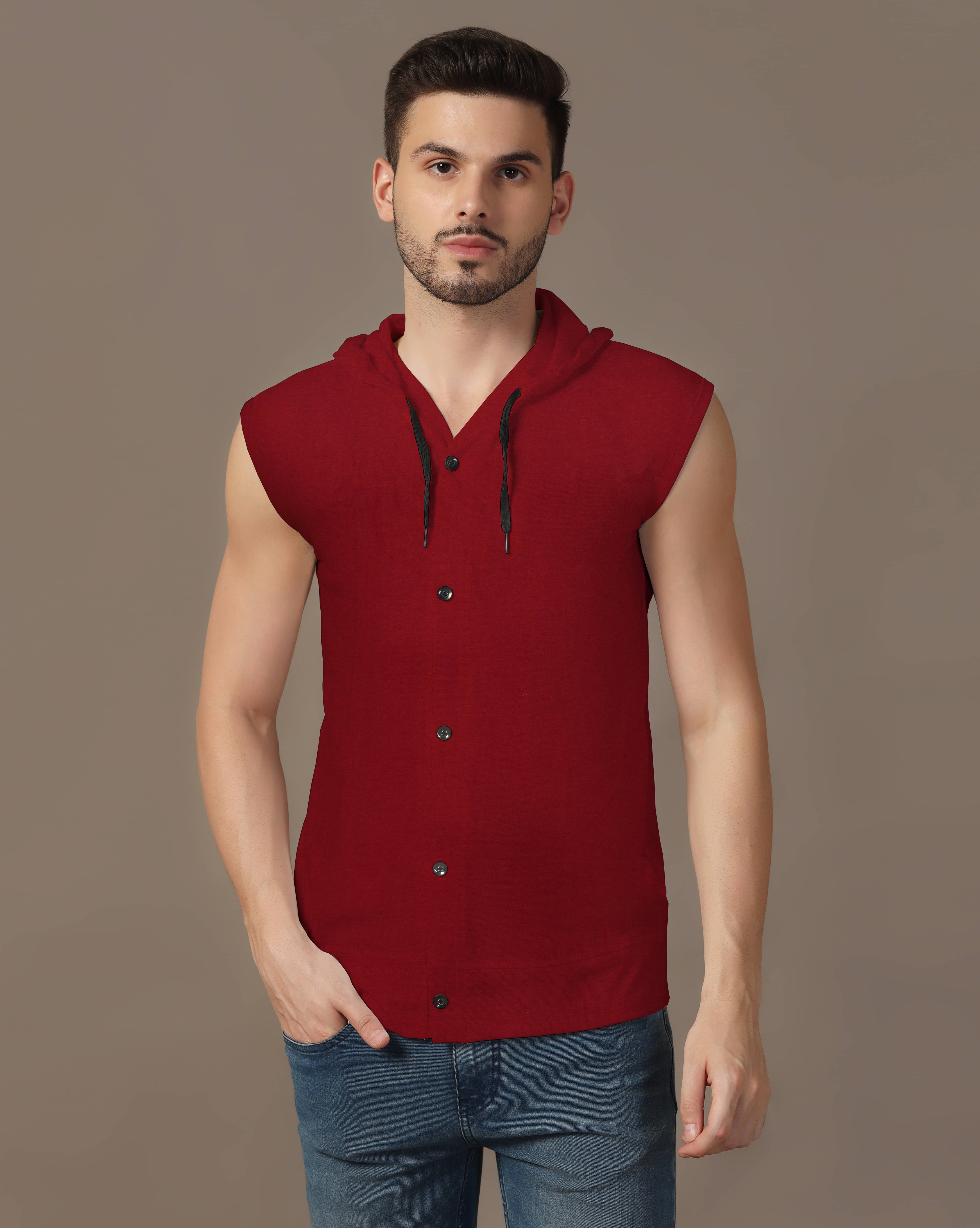     			Beyou Fashion Cotton Blend Regular Fit Solids Sleeveless Men's Casual Shirt - Maroon ( Pack of 1 )