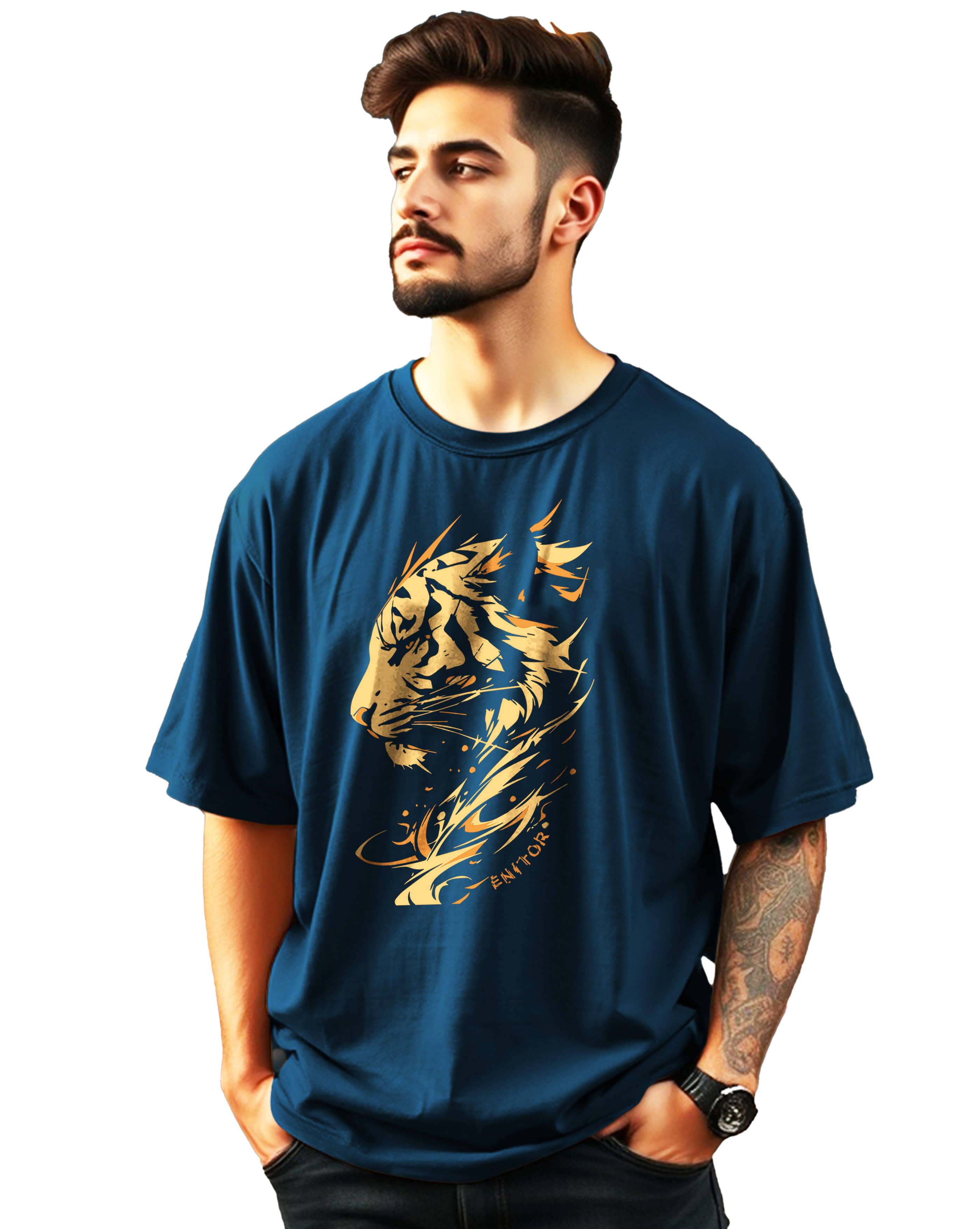 ENITOR Cotton Oversized Fit Printed Half Sleeves Men's Round T-Shirt - Teal Blue ( Pack of 1 )