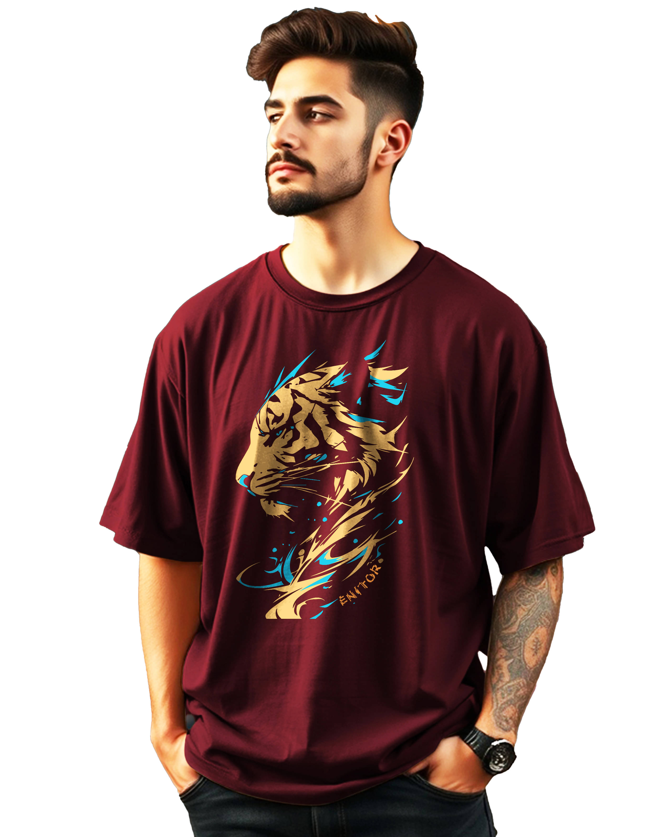 ENITOR Cotton Oversized Fit Printed Half Sleeves Men's Round T-Shirt - Maroon ( Pack of 1 )     			ENITOR Cotton Oversized Fit Printed Half Sleeves Men's Round T-Shirt - Maroon ( Pack of 1 )
