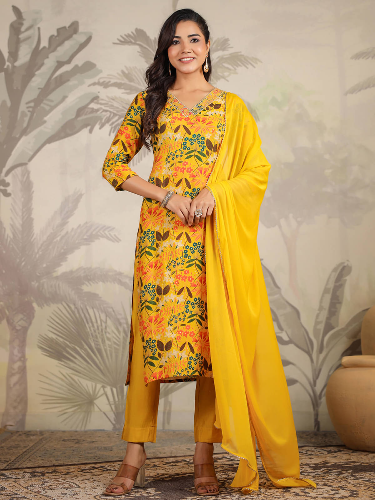     			Janasya Chanderi Printed Kurti With Pants Women's Stitched Salwar Suit - Mustard ( Pack of 1 )
