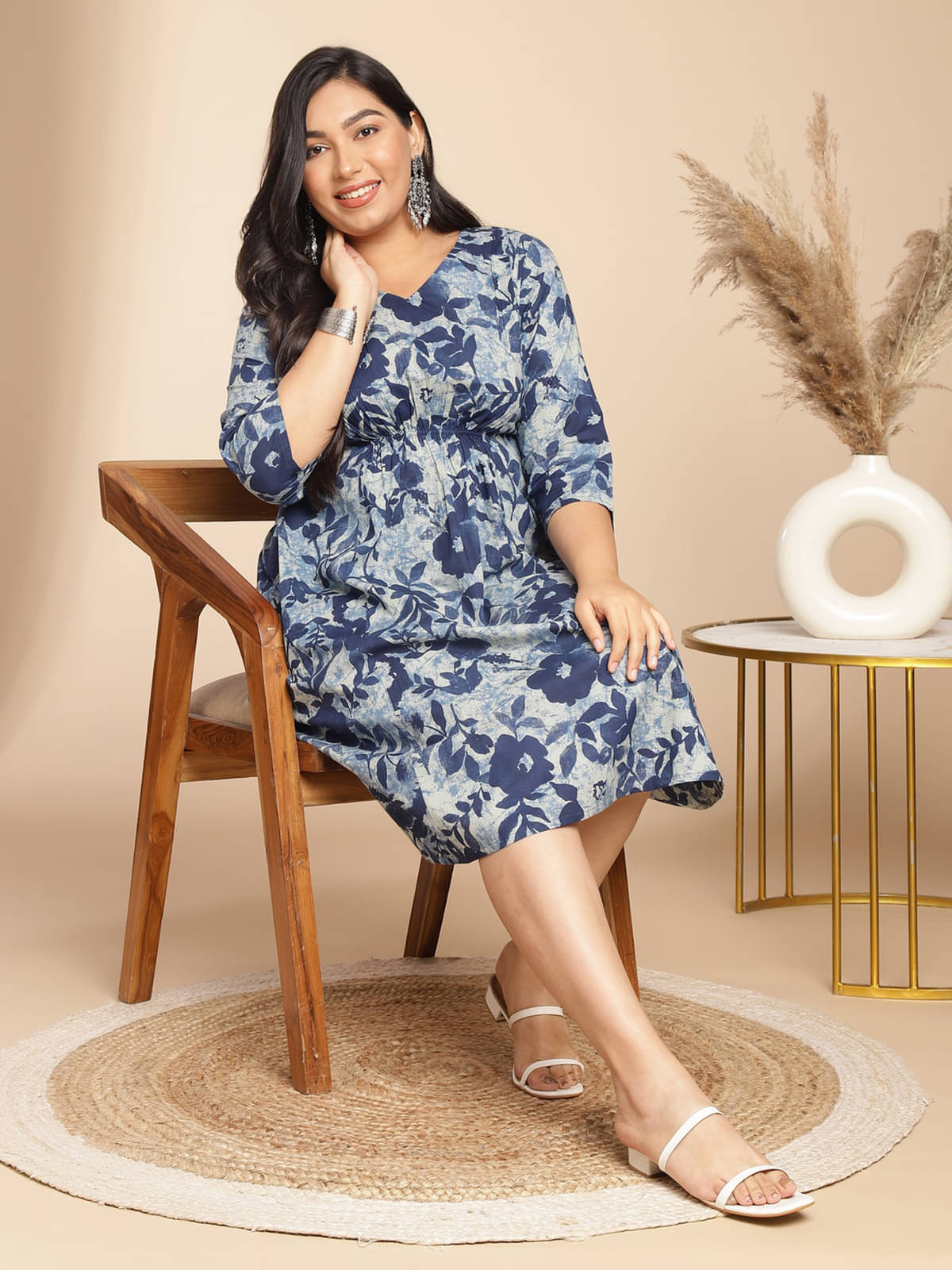 Janasya Women Cotton Printed Fit & Flare Dress ( Indigo ) Janasya Women Cotton Printed Fit & Flare Dress ( Indigo )