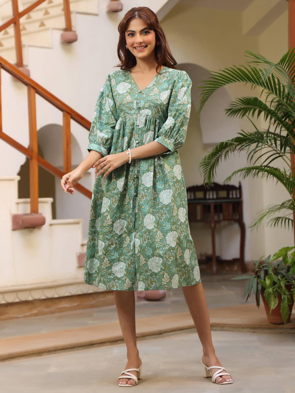Janasya Cotton Printed Calf-Length Women's A-line Dress - Green ( Pack of 1 )     			Janasya Cotton Printed Calf-Length Women's A-line Dress - Green ( Pack of 1 )