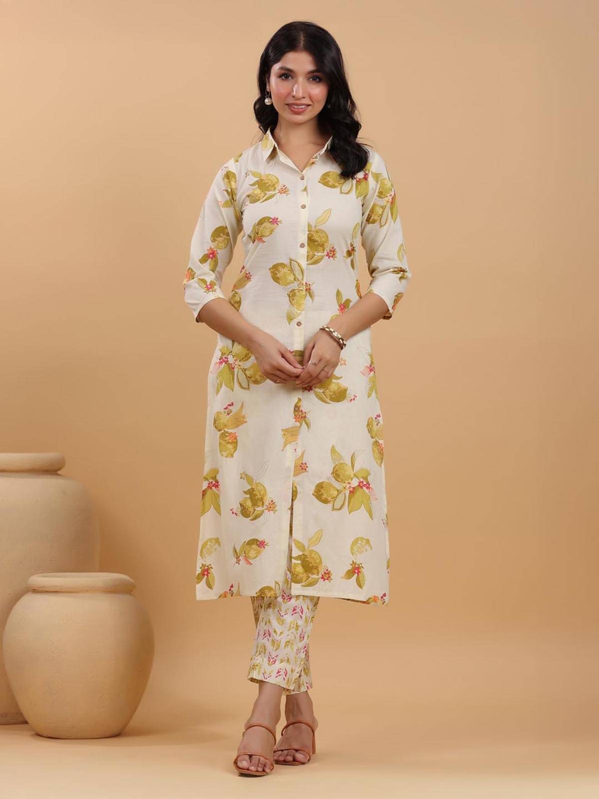 Janasya Cotton Printed Kurti With Pants Women's Stitched Salwar Suit - Cream ( Pack of 1 ) Janasya Cotton Printed Kurti With Pants Women's Stitched Salwar Suit - Cream ( Pack of 1 )