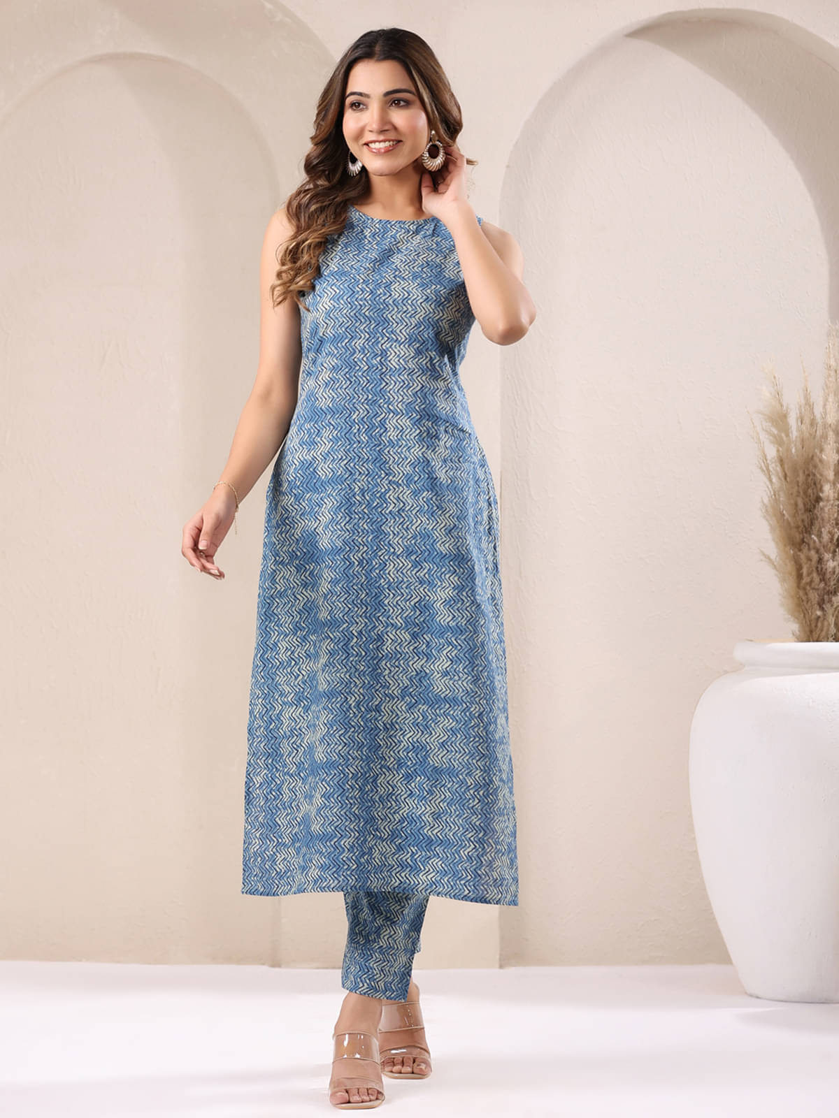     			Janasya Cotton Printed Kurti With Pants Women's Stitched Salwar Suit - Blue ( Pack of 1 )