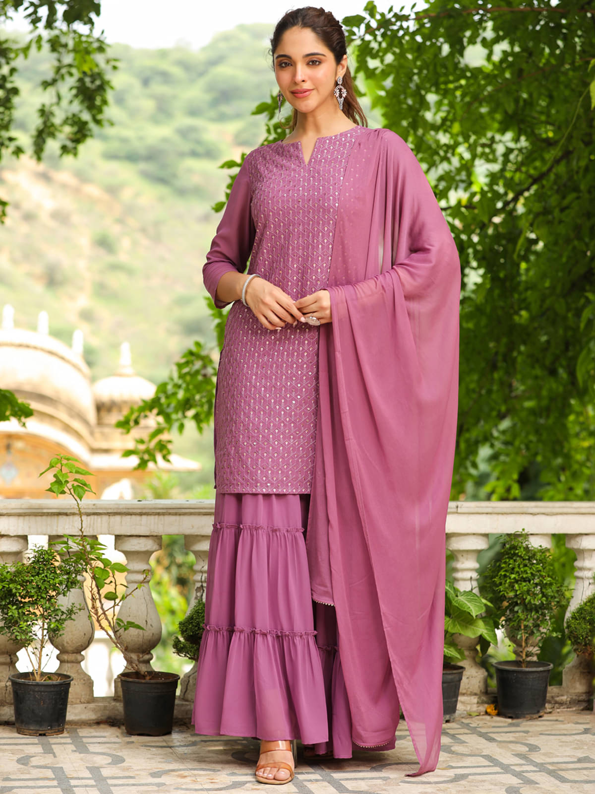     			Janasya Georgette Embellished Kurti With Sharara And Gharara Women's Stitched Salwar Suit - Lavender ( Pack of 1 )