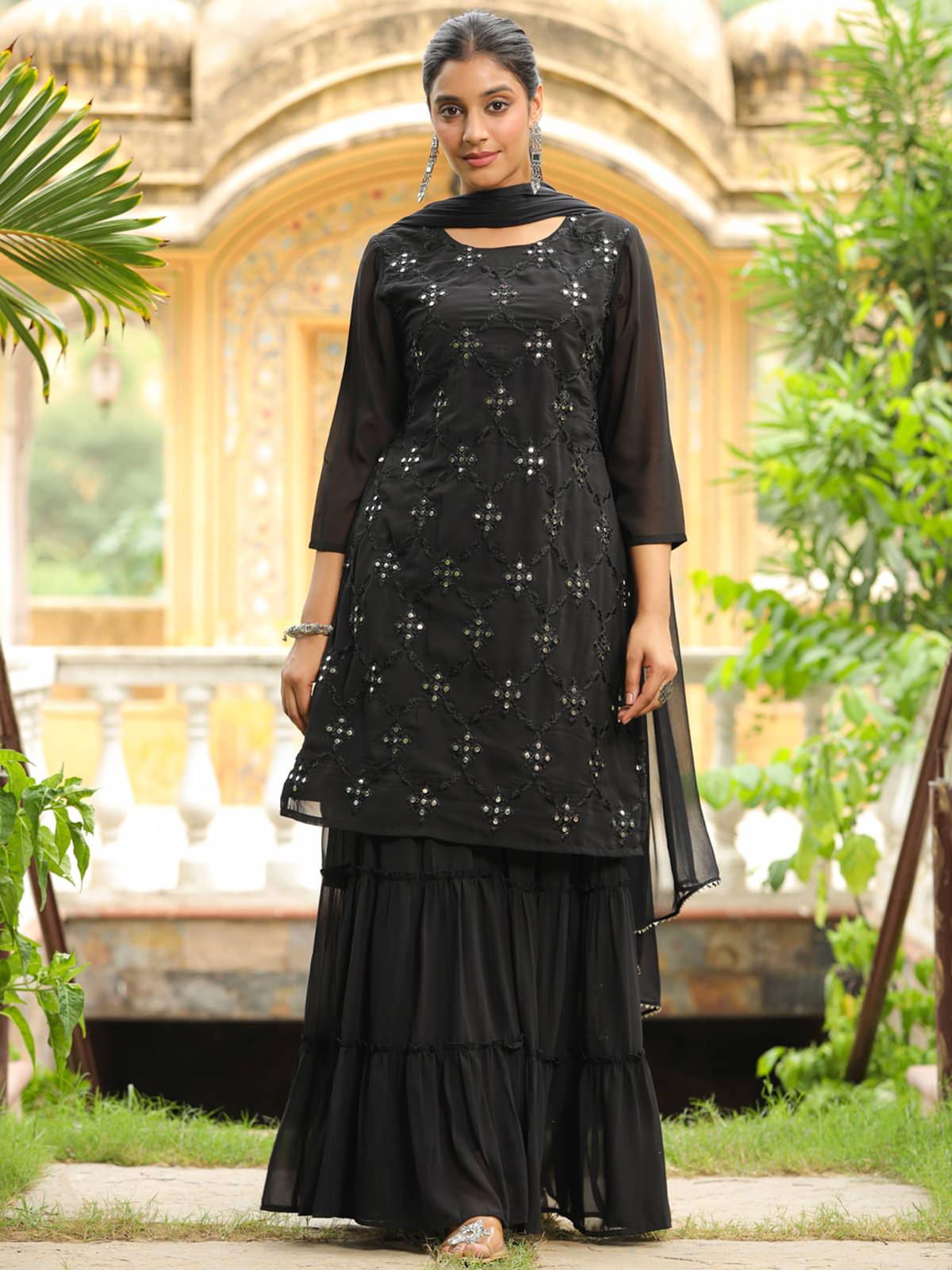 Janasya Georgette Embellished Kurti With Sharara And Gharara Women's Stitched Salwar Suit - Black ( Pack of 1 ) Janasya Georgette Embellished Kurti With Sharara And Gharara Women's Stitched Salwar Suit - Black ( Pack of 1 )