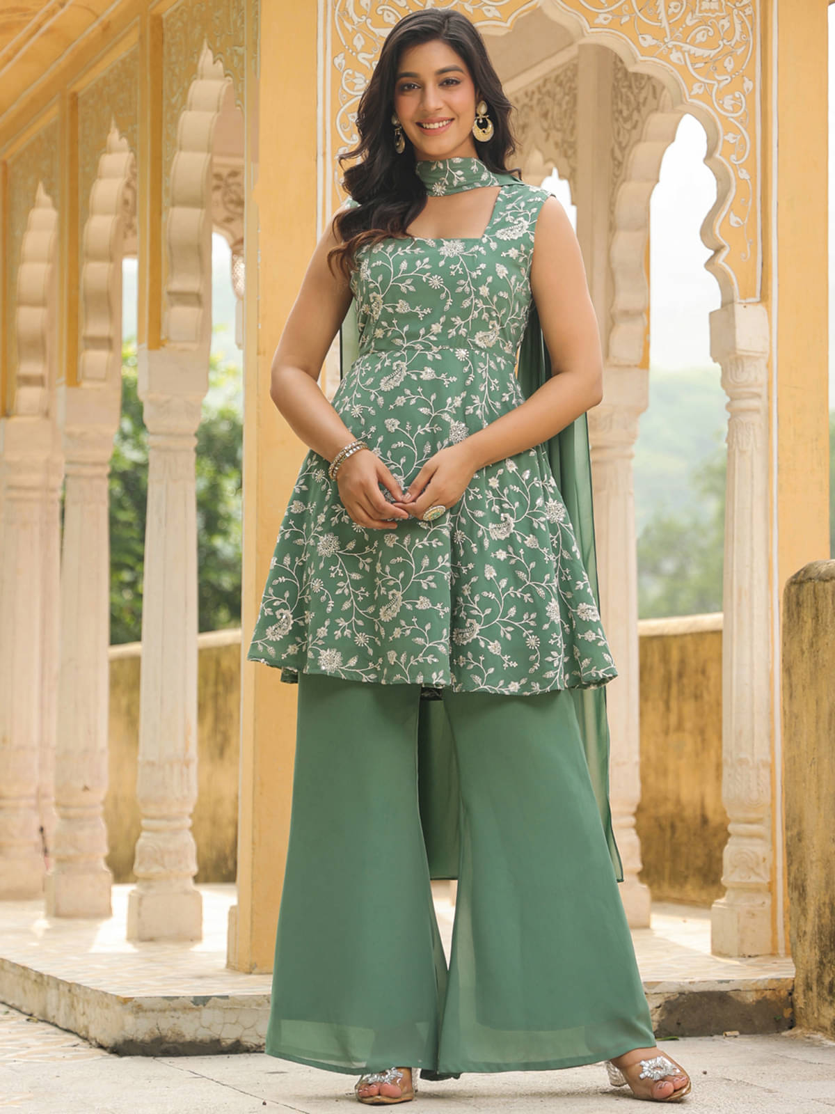     			Janasya Georgette Embroidered Kurti With Palazzo Women's Stitched Salwar Suit - Green ( Pack of 1 )