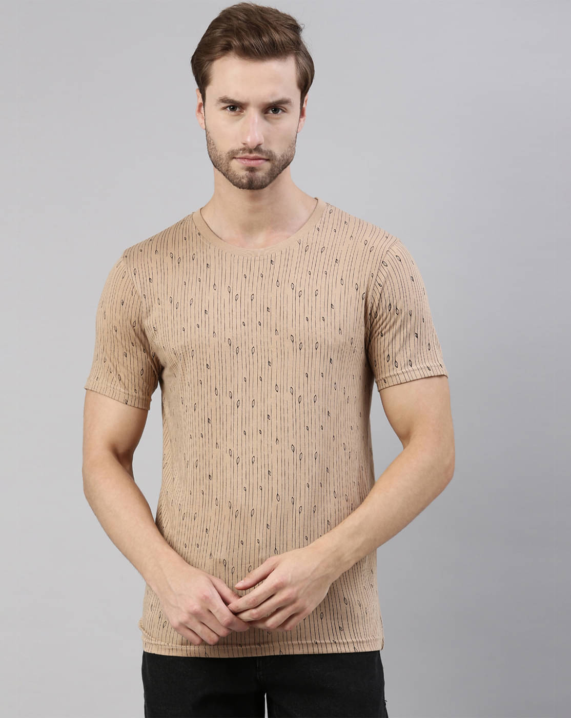     			Joven Cotton Regular Fit Printed Half Sleeves Men's Round T-Shirt - Brown ( Pack of 1 )