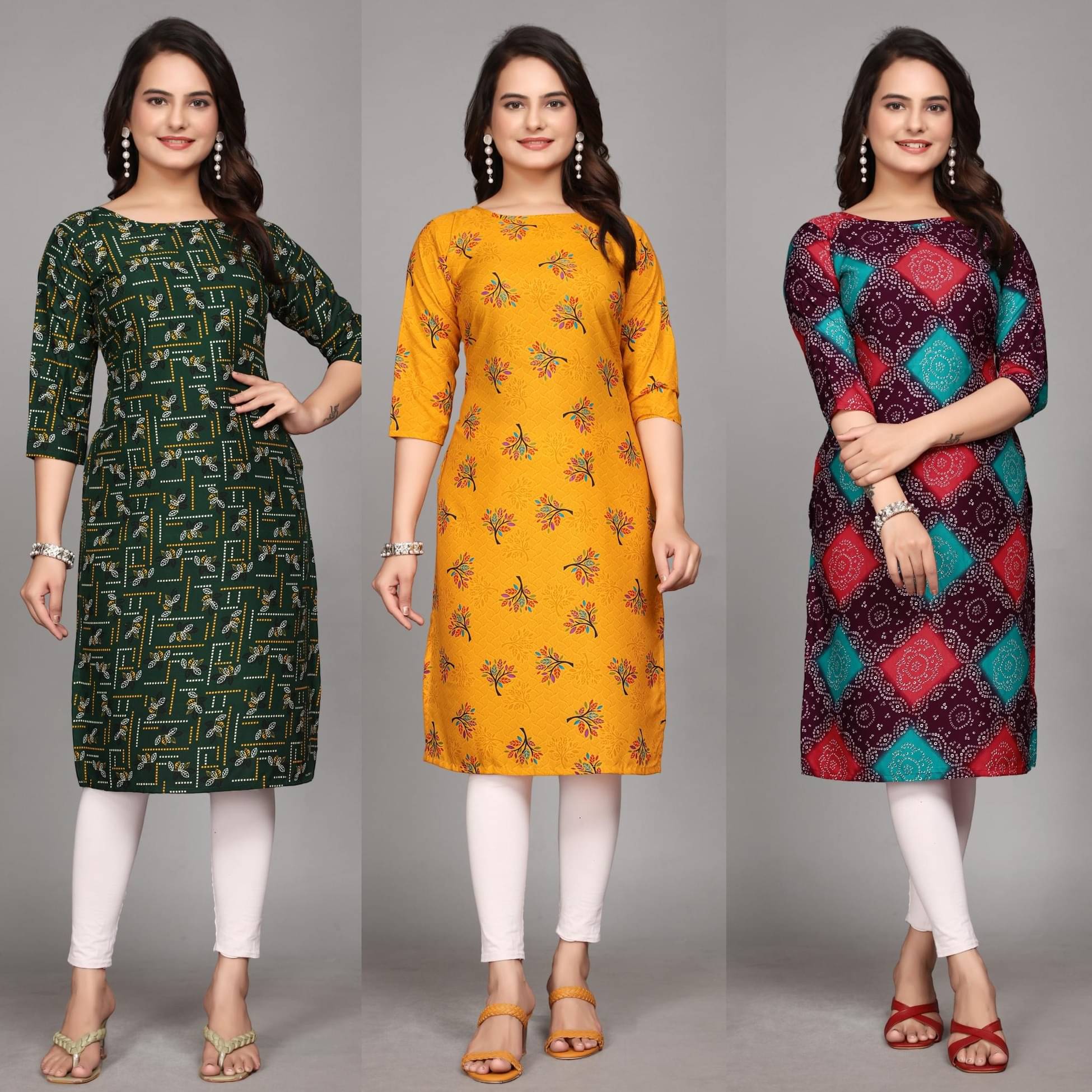 KALAVRITTA Pack of 3 Crepe Printed Straight Women's Kurti - ( Multicoloured )     			KALAVRITTA Pack of 3 Crepe Printed Straight Women's Kurti - ( Multicoloured )