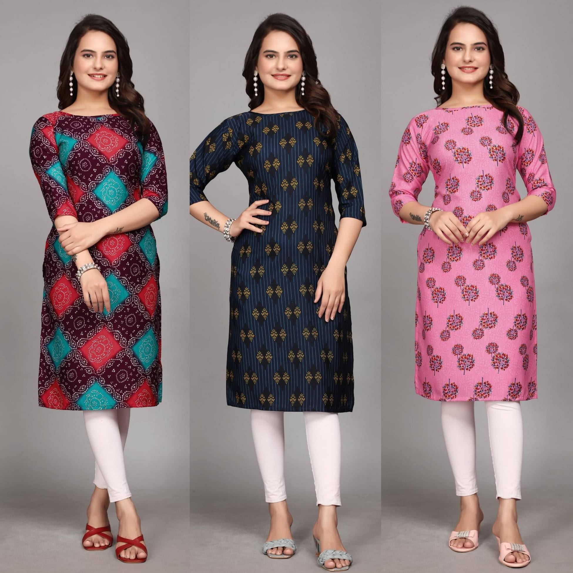 KALAVRITTA Pack of 3 Crepe Printed Straight Women's Kurti - ( Multicoloured ) KALAVRITTA Pack of 3 Crepe Printed Straight Women's Kurti - ( Multicoloured )