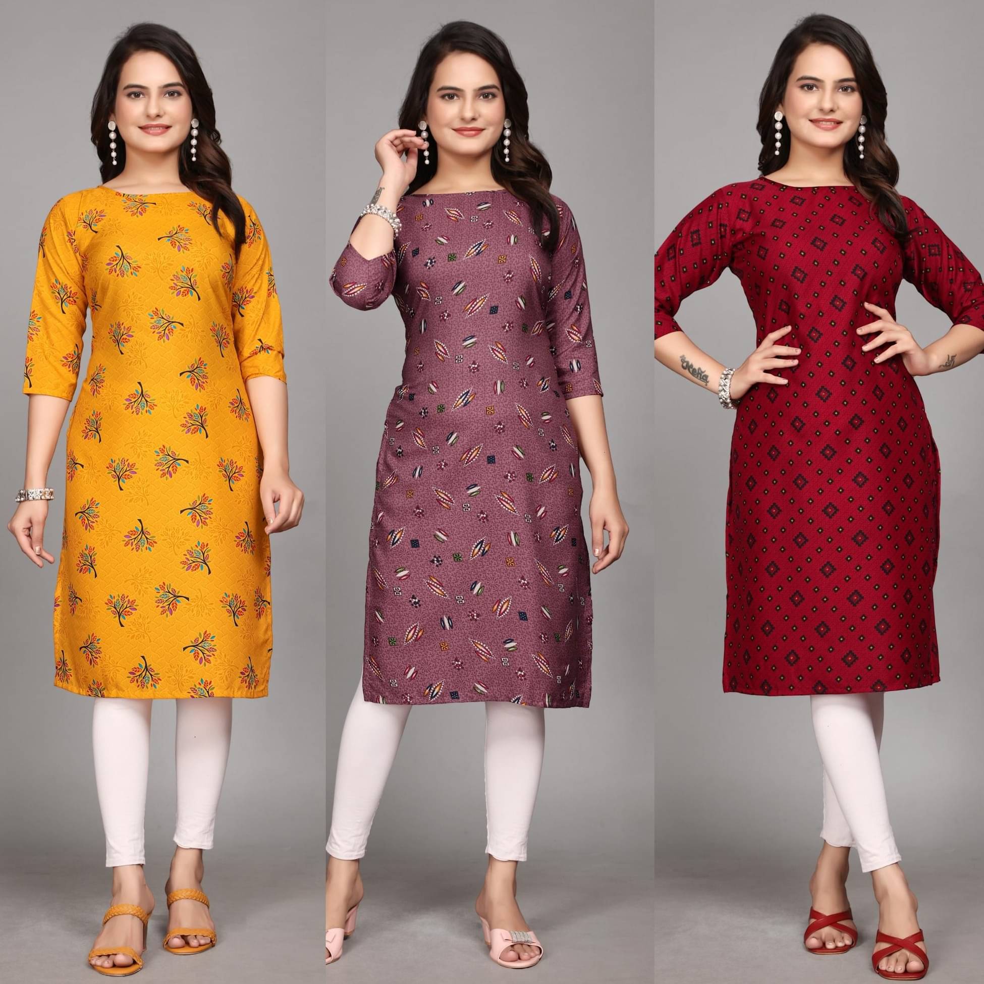 KALAVRITTA Pack of 3 Crepe Printed Straight Women's Kurti - ( Multicoloured ) KALAVRITTA Pack of 3 Crepe Printed Straight Women's Kurti - ( Multicoloured )