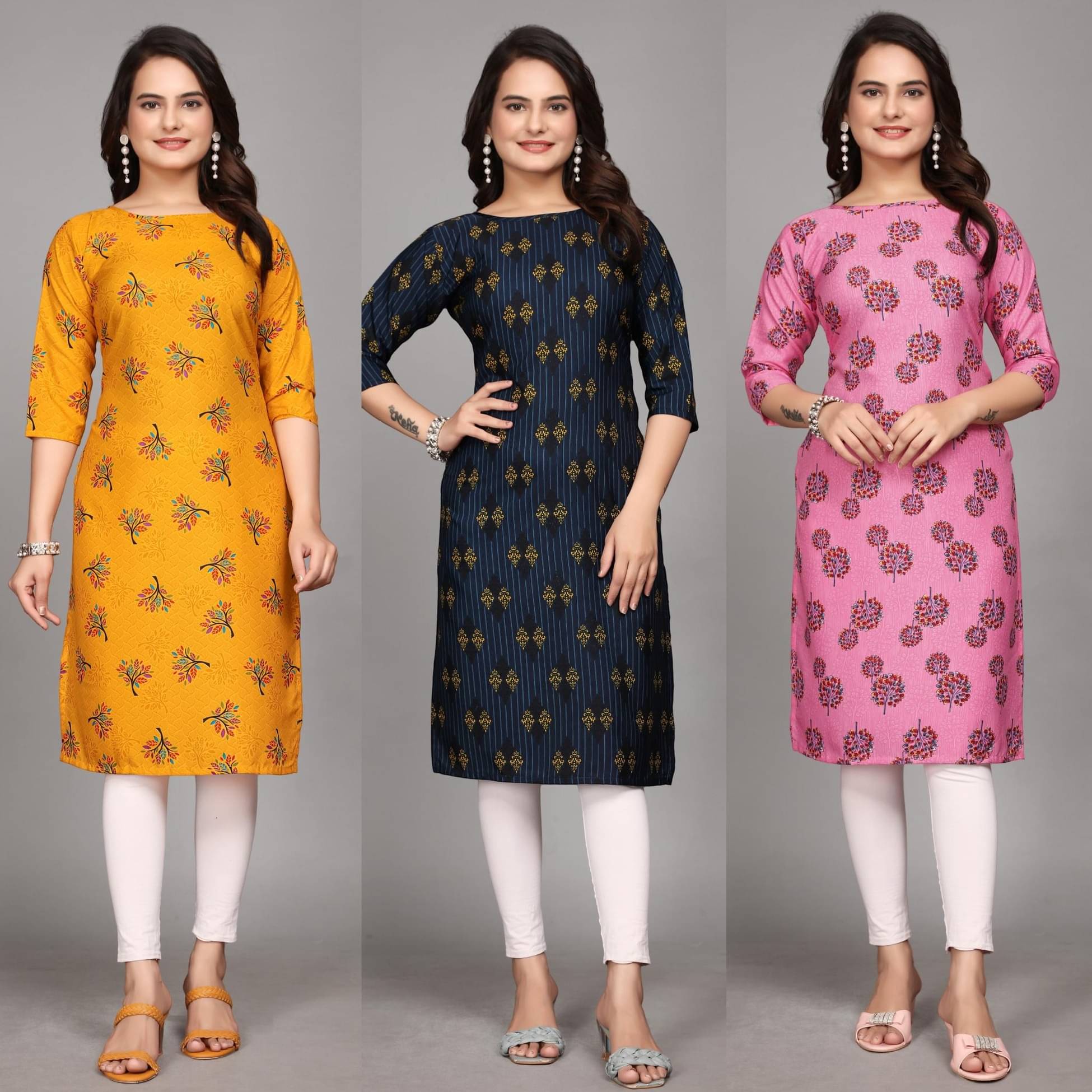 KALAVRITTA Pack of 3 Crepe Printed Straight Women's Kurti - ( Multicoloured )     			KALAVRITTA Pack of 3 Crepe Printed Straight Women's Kurti - ( Multicoloured )