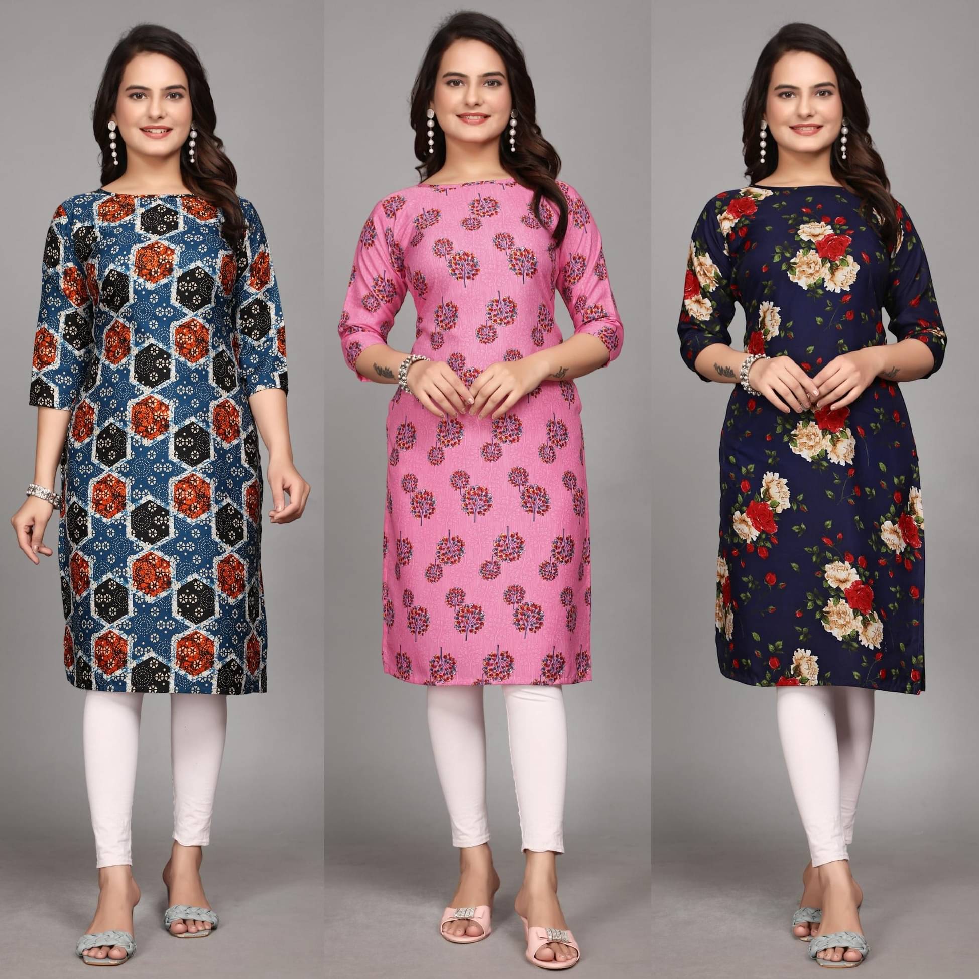 KALAVRITTA Pack of 3 Crepe Printed Straight Women's Kurti - ( Multicoloured ) KALAVRITTA Pack of 3 Crepe Printed Straight Women's Kurti - ( Multicoloured )