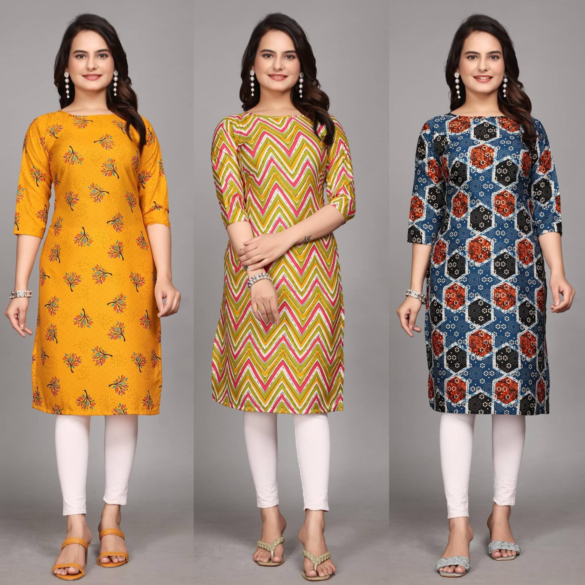 KALAVRITTA Pack of 3 Crepe Printed Straight Women's Kurti - ( Multicoloured ) KALAVRITTA Pack of 3 Crepe Printed Straight Women's Kurti - ( Multicoloured )