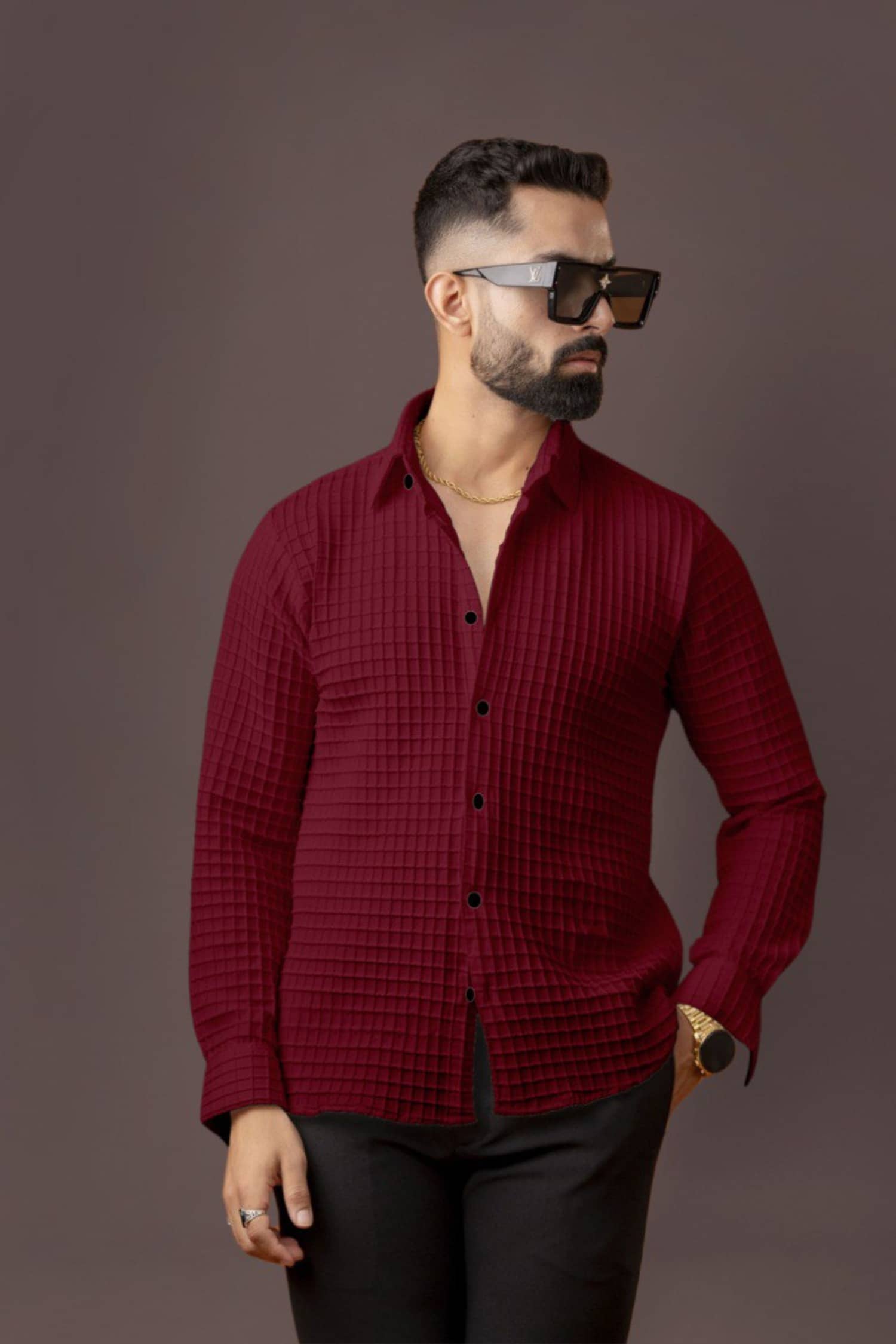 KITWELL Cotton Blend Regular Fit Popcorn Textured Full Sleeves Men's Casual Shirt - Maroon ( Pack of 1 )