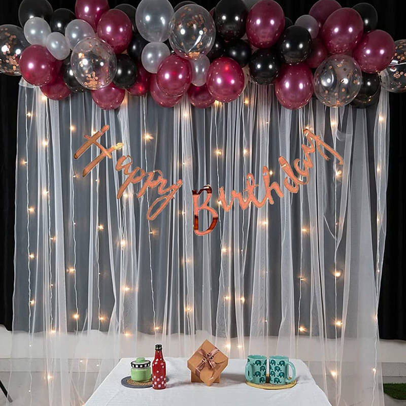 Krido Birthday Maroon and black Decoration Combo Kit with white net Curtain Krido Birthday Maroon and black Decoration Combo Kit with white net Curtain