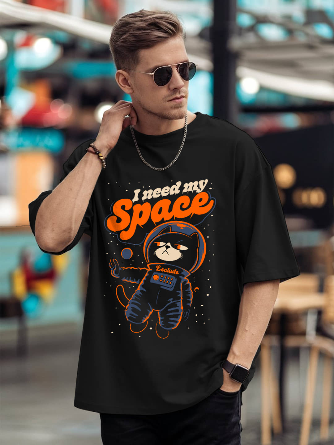 Leotude Men Cotton Blend Oversized Fit Printed T-Shirt ( Black )