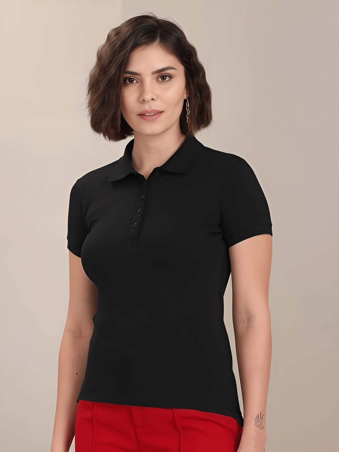     			MAYKR Women Cotton Blend Solid Regular Fit Polo Collar T-Shirt ( Black )