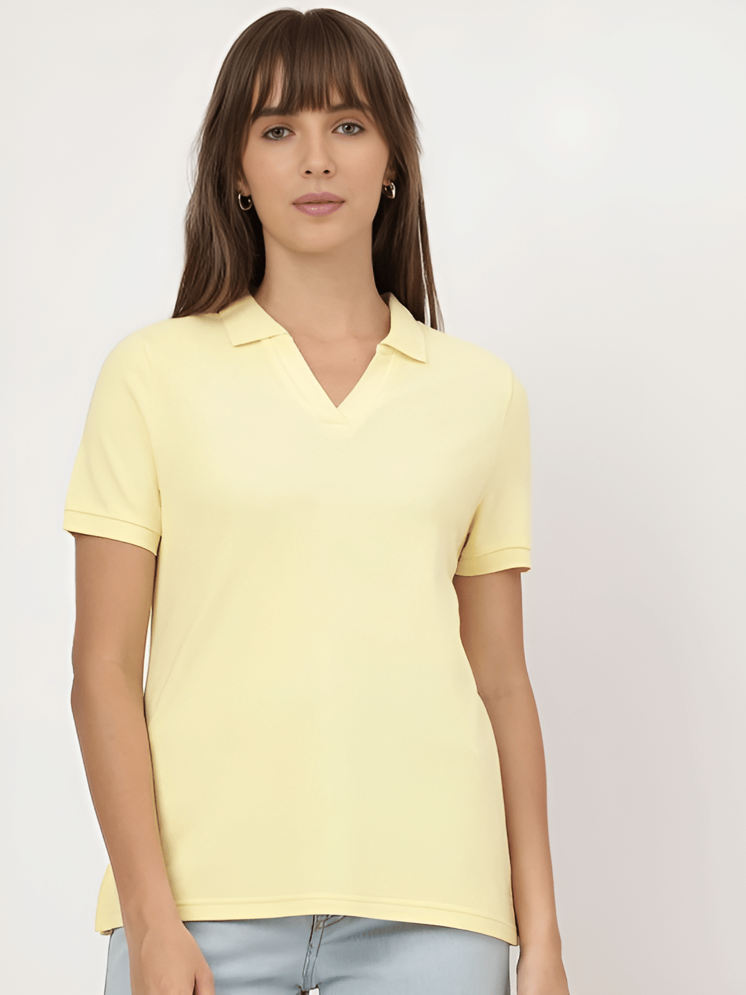 MAYKR Women Cotton Blend Solid Regular Fit Polo Collar T-Shirt ( Yellow ) MAYKR Women Cotton Blend Solid Regular Fit Polo Collar T-Shirt ( Yellow )