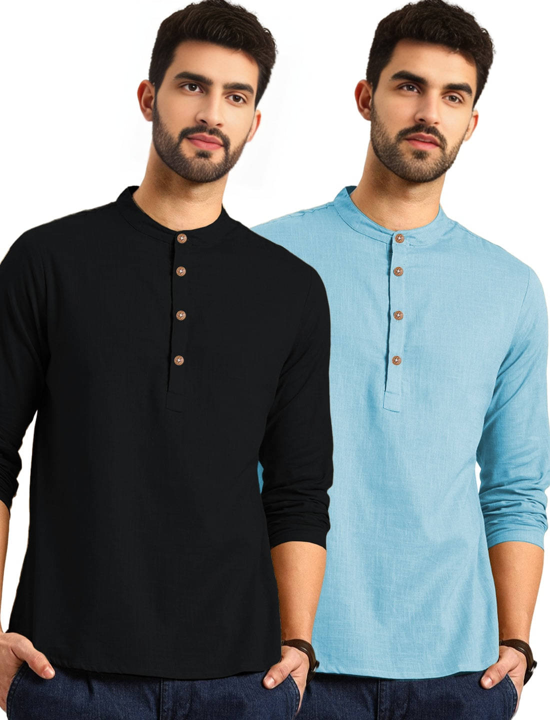     			Navkanj Sky Blue Cotton Blend Men's Shirt Style Kurta ( Pack of 2 )