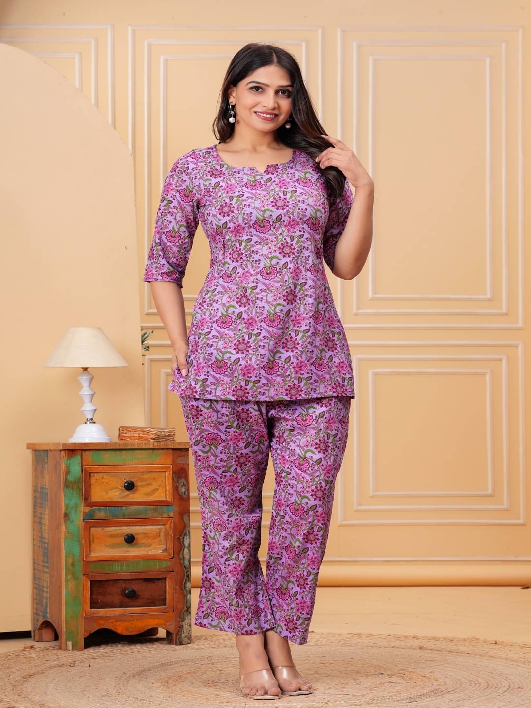     			Nevisha Style Women Printed Tunic With Trousers Co-Ord Set ( Purple )