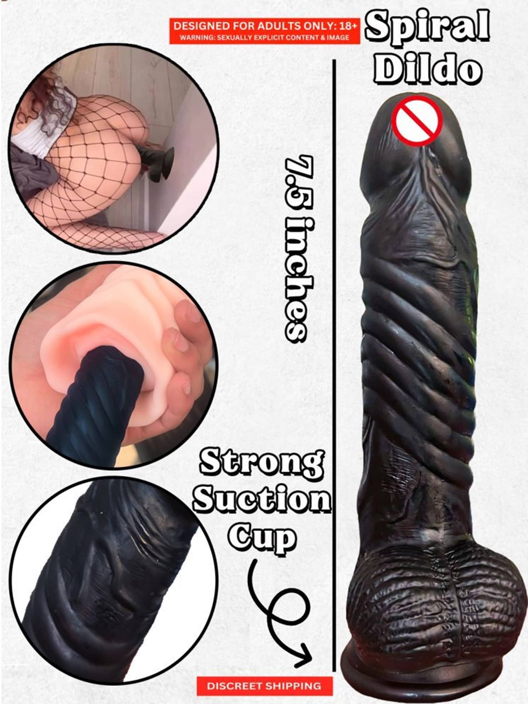 Premium 7 Inch Black Realistic Dildo with Strong Suction Cup HandsFree Spiral Soft Silicone Sex Toy for Women