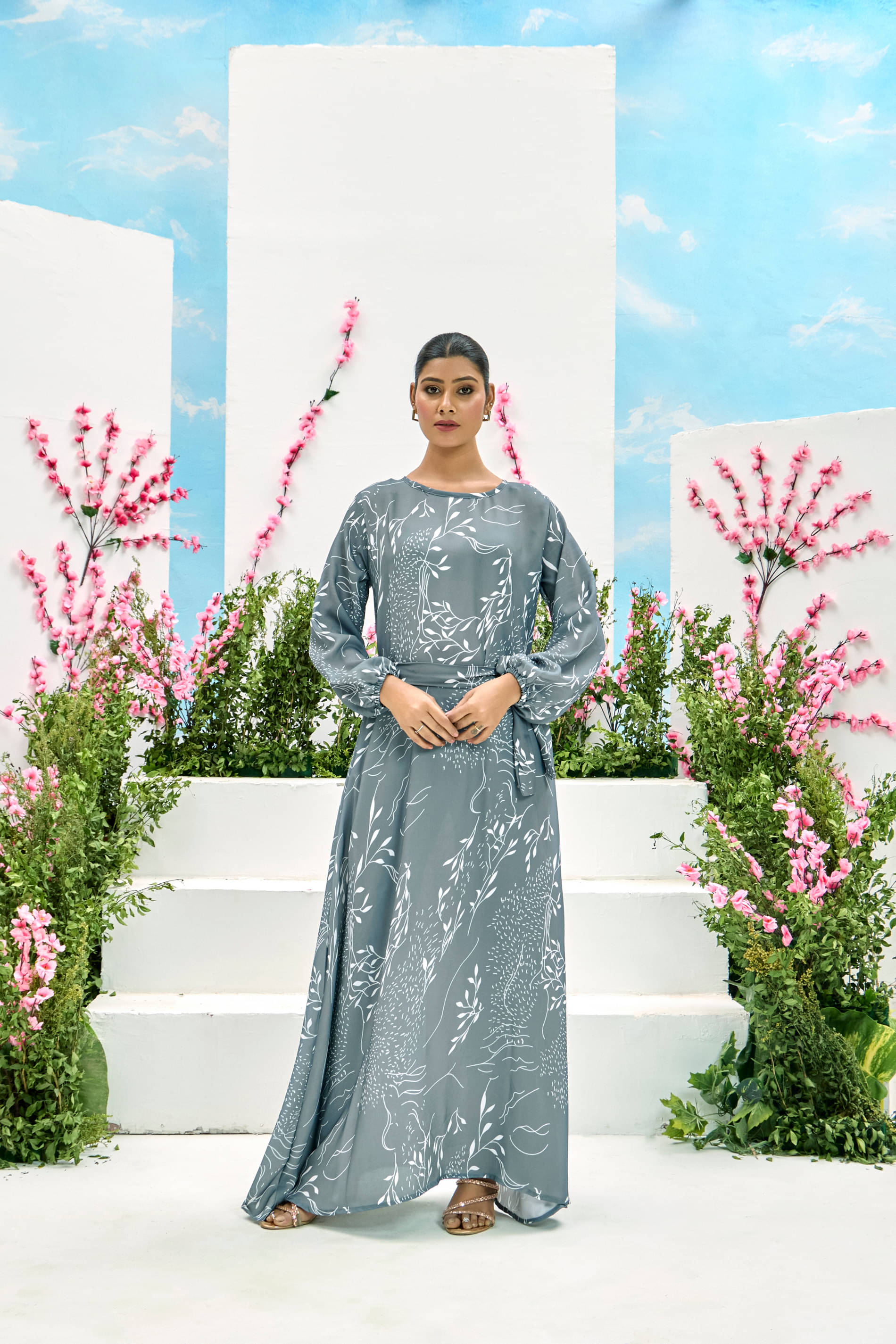     			SARINKU Grey Flared Polyester Women's Stitched Ethnic Gown ( Pack of 1 )