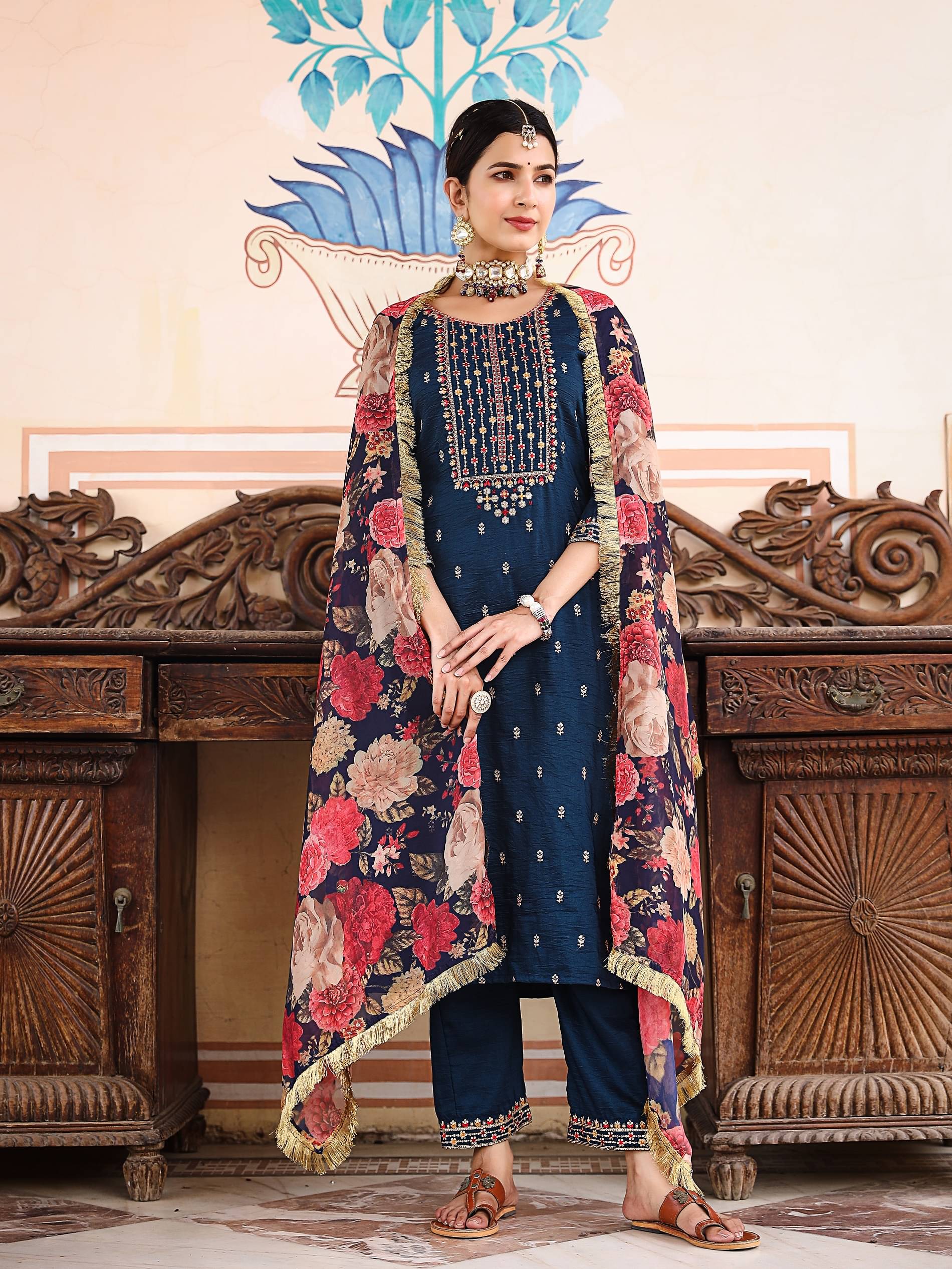 STYLLOW Silk Embroidered Kurti With Pants Women's Stitched Salwar Suit - Blue ( Pack of 1 ) STYLLOW Silk Embroidered Kurti With Pants Women's Stitched Salwar Suit - Blue ( Pack of 1 )