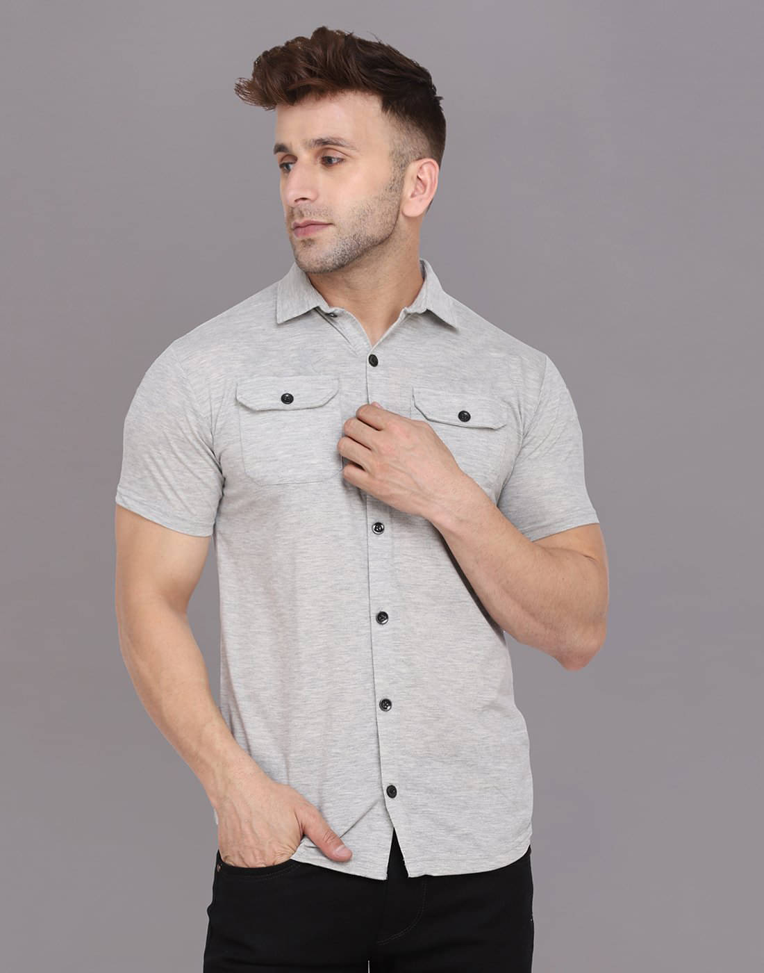     			Tfurnish Cotton Blend Regular Fit Solids Half Sleeves Men's Casual Shirt - Silver ( Pack of 1 )