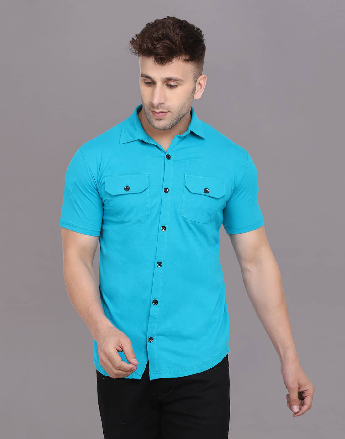 Tfurnish Cotton Blend Regular Fit Solids Half Sleeves Men's Casual Shirt - Turquoise ( Pack of 1 )