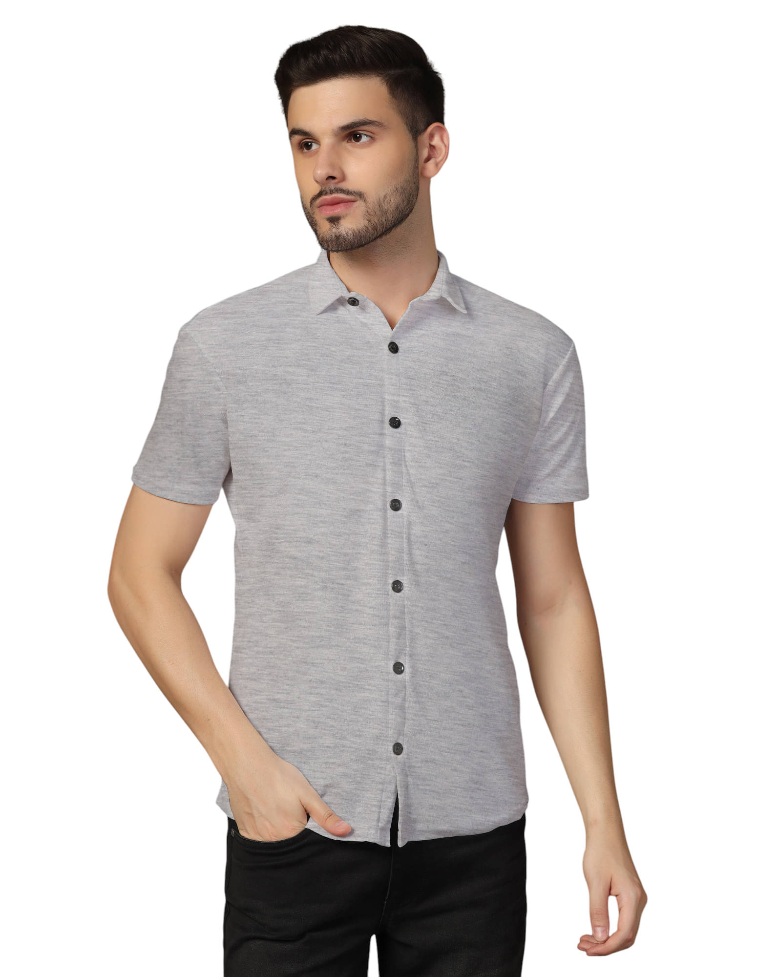 Tfurnish Cotton Blend Regular Fit Solids Half Sleeves Men's Casual Shirt - Silver ( Pack of 1 ) Tfurnish Cotton Blend Regular Fit Solids Half Sleeves Men's Casual Shirt - Silver ( Pack of 1 )