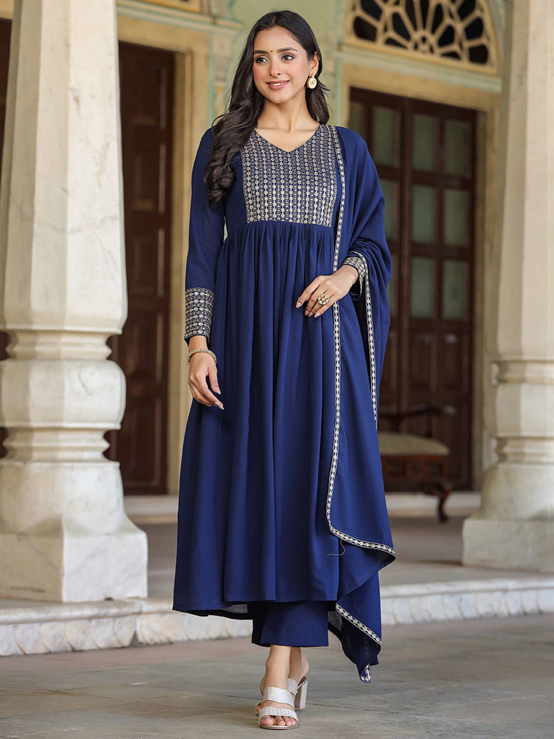     			Vaamsi Georgette Embroidered Kurti With Pants Women's Stitched Salwar Suit - Navy Blue ( Pack of 1 )
